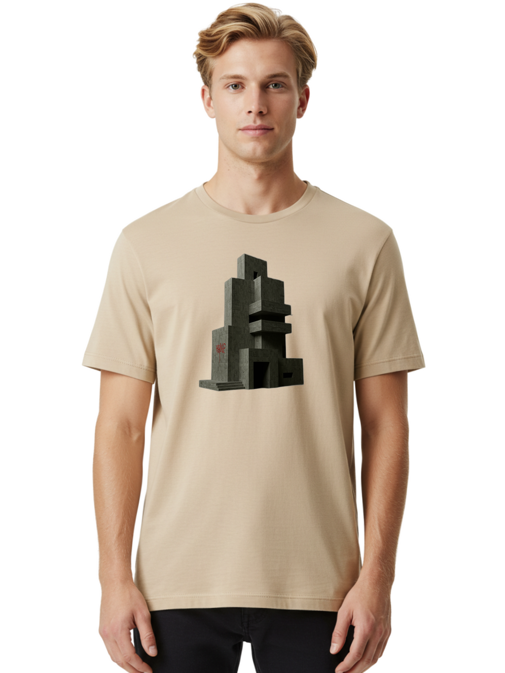 House Men'S Graphic Tee, 100% Cotton, Comfortable Casual Summer Wear, Machine Washable, Futuristic Architecture, Dark Gray Building, Abstract Design, Modern Style, Geometric Shapes, Red Signage, Avant-Garde, Sleek Lines, Concrete Texture Bad202