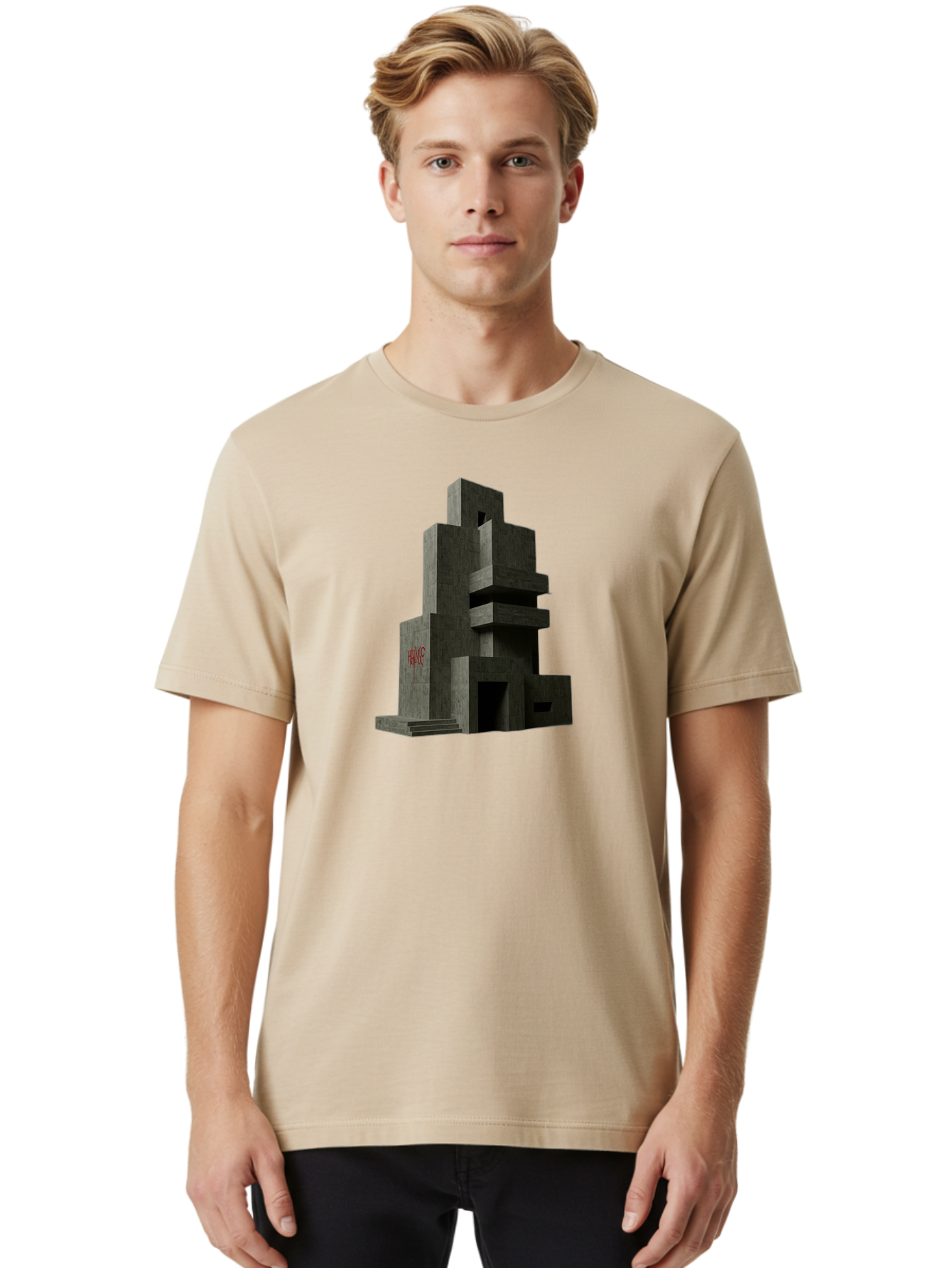 House Men'S Graphic Tee, 100% Cotton, Comfortable Casual Summer Wear, Machine Washable, Futuristic Architecture, Dark Gray Building, Abstract Design, Modern Style, Geometric Shapes, Red Signage, Avant-Garde, Sleek Lines, Concrete Texture Bad202