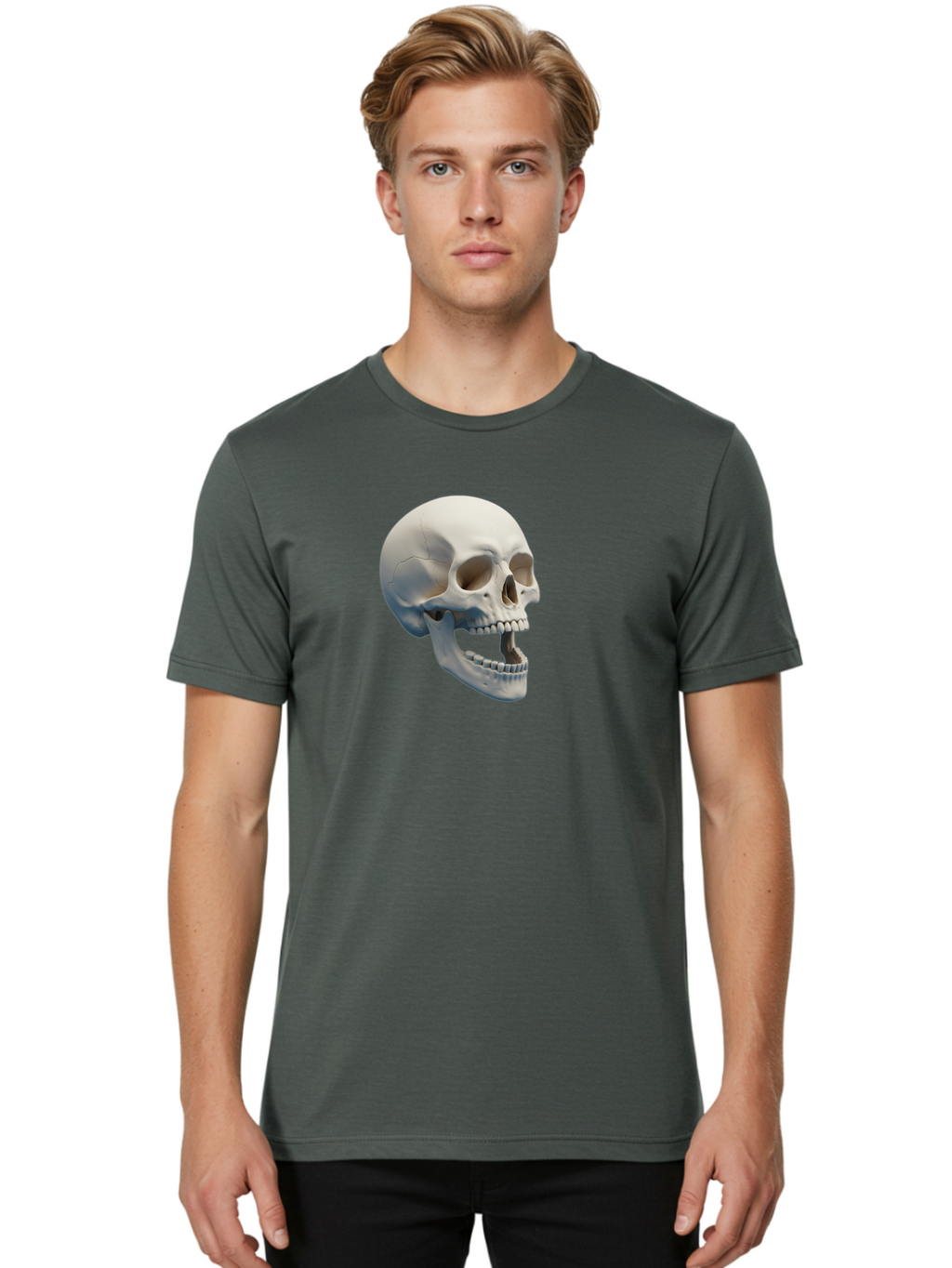 Human-Skull-1 Men'S Graphic Tee, 100% Cotton, Comfortable Casual Summer Wear, Machine Washable, Human Skull, Skeletal Head, Anatomy, Bones, Teeth, Jawbone, Scientific Illustration, Medical Art, 3D Rendering, Detailed Model Bad204