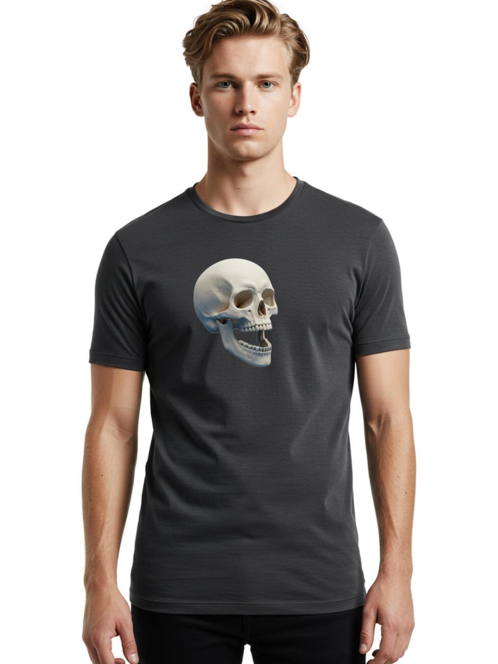 Human-Skull-1 Men'S Graphic Tee, 100% Cotton, Comfortable Casual Summer Wear, Machine Washable, Human Skull, Skeletal Head, Anatomy, Bones, Teeth, Jawbone, Scientific Illustration, Medical Art, 3D Rendering, Detailed Model Bad204