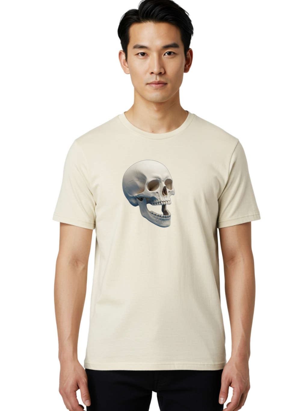 Human-Skull-1 Men'S Graphic Tee, 100% Cotton, Comfortable Casual Summer Wear, Machine Washable, Human Skull, Skeletal Head, Anatomy, Bones, Teeth, Jawbone, Scientific Illustration, Medical Art, 3D Rendering, Detailed Model Bad204