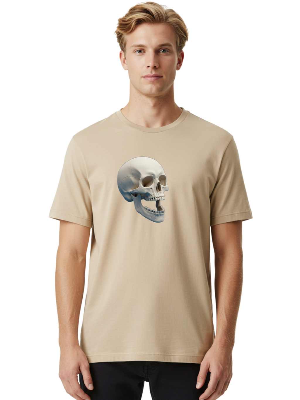 Human-Skull-1 Men'S Graphic Tee, 100% Cotton, Comfortable Casual Summer Wear, Machine Washable, Human Skull, Skeletal Head, Anatomy, Bones, Teeth, Jawbone, Scientific Illustration, Medical Art, 3D Rendering, Detailed Model Bad204