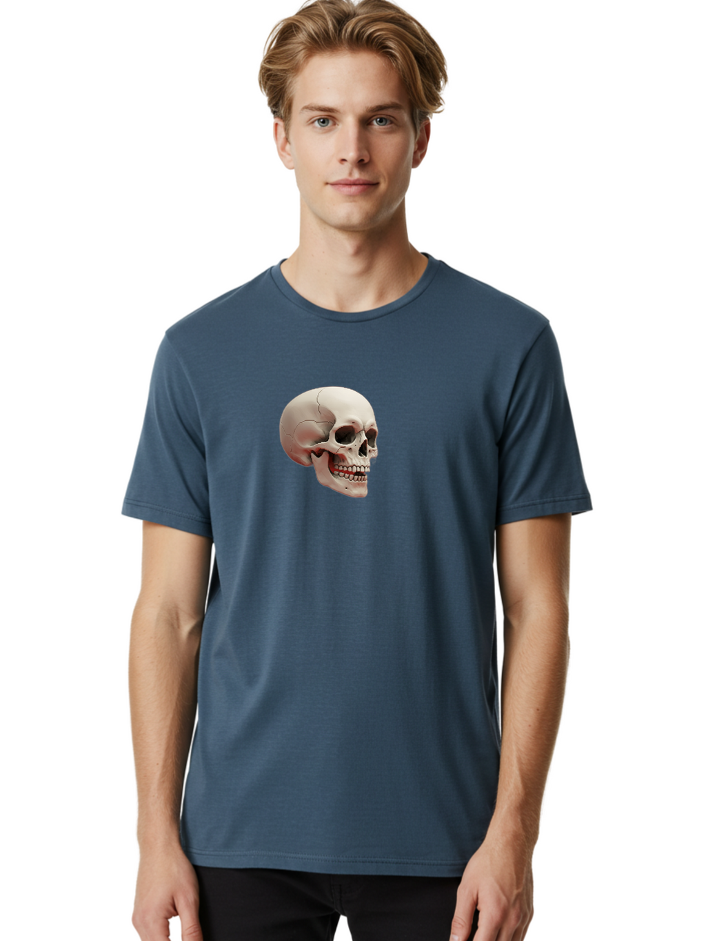 Human-Skull Men'S Graphic Tee, 100% Cotton, Comfortable Casual Summer Wear, Machine Washable, Human Skull, Skeletal Head, Anatomy, Bone Structure, Dental Anatomy, Forensic Science, Medical Education, Death Symbol, Gothic Art Bad205
