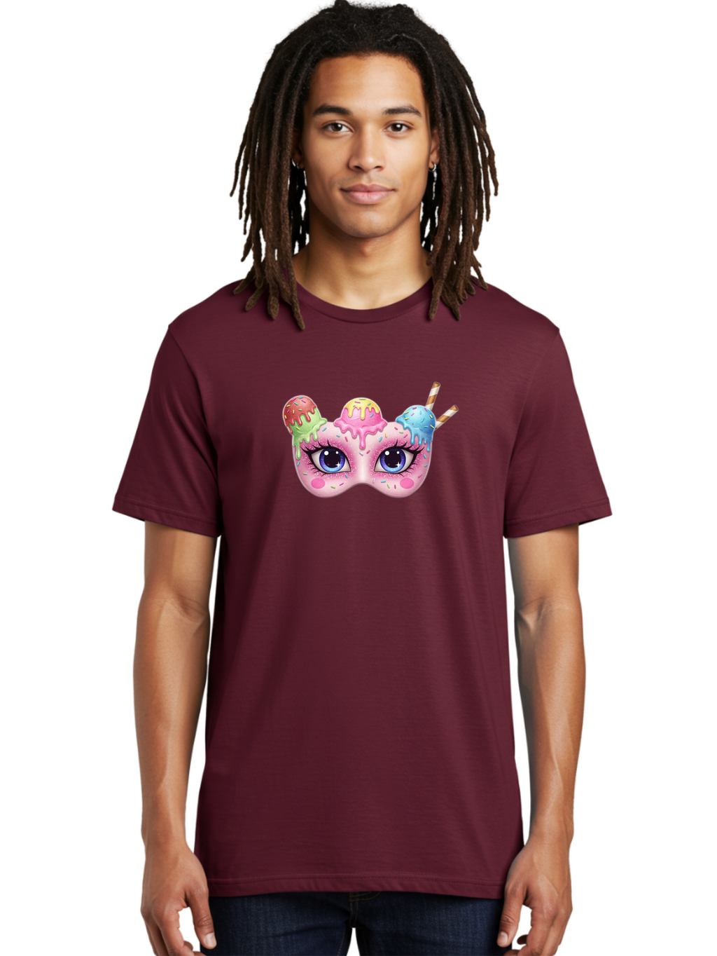 Ice-Cream-Mask Men'S Graphic Tee, 100% Cotton, Comfortable Casual Summer Wear, Machine Washable, Ice Cream Mask, Masquerade Ball, Pastel Colors, Blue Eyes, Candy Decorations, Sprinkles, Dripping Glaze, Whimsical Design, Cartoon Style, Bad206