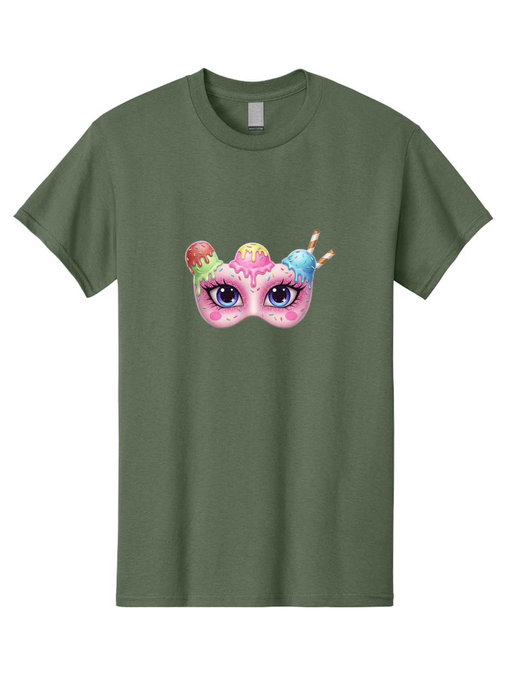 Ice-Cream-Mask Men'S Graphic Tee, 100% Cotton, Comfortable Casual Summer Wear, Machine Washable, Ice Cream Mask, Masquerade Ball, Pastel Colors, Blue Eyes, Candy Decorations, Sprinkles, Dripping Glaze, Whimsical Design, Cartoon Style, Bad206