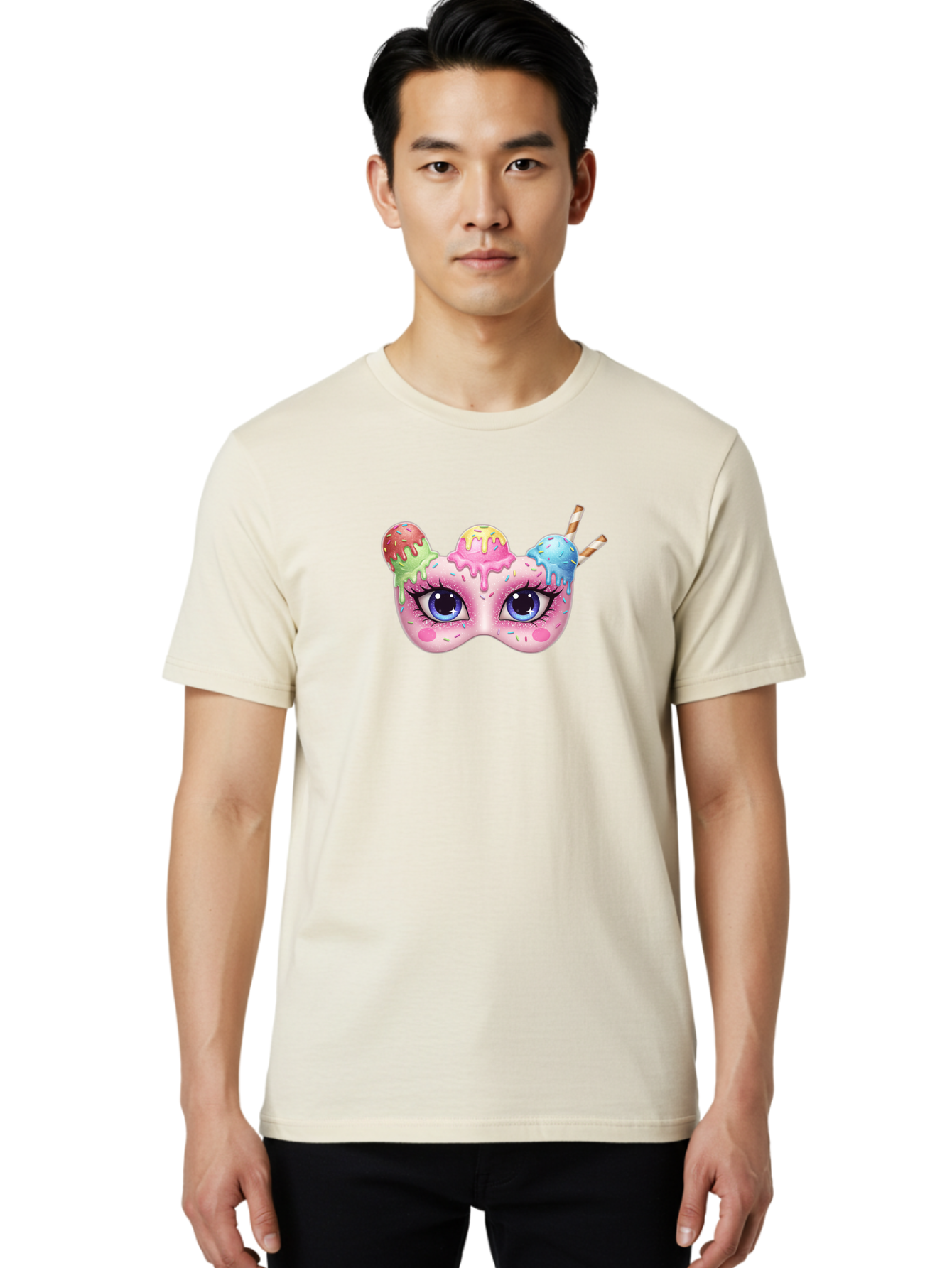 Ice-Cream-Mask Men'S Graphic Tee, 100% Cotton, Comfortable Casual Summer Wear, Machine Washable, Ice Cream Mask, Masquerade Ball, Pastel Colors, Blue Eyes, Candy Decorations, Sprinkles, Dripping Glaze, Whimsical Design, Cartoon Style, Bad206