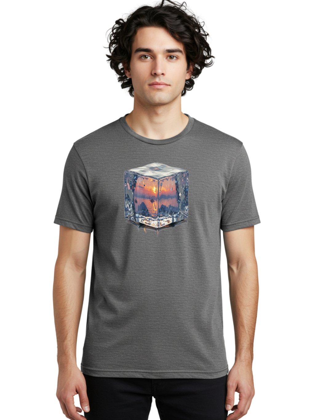 Ice-Cube-Sunset Men'S Graphic Tee, 100% Cotton, Comfortable Casual Summer Wear, Machine Washable, Ice Cube, Sunset Reflection, Ocean View, Rocky Landscape, Vibrant Orange, Cool Glass, Dramatic Scenery, Serene Atmosphere, Frozen Moment Bad207