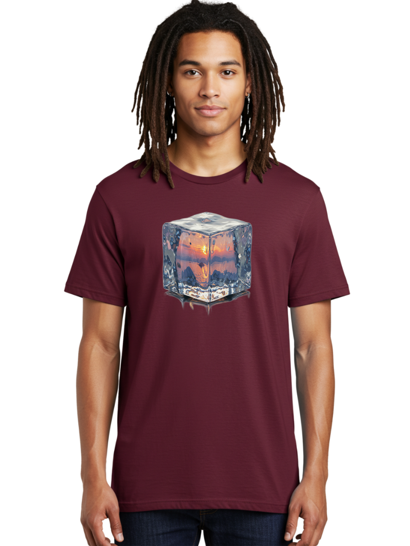Ice-Cube-Sunset Men'S Graphic Tee, 100% Cotton, Comfortable Casual Summer Wear, Machine Washable, Ice Cube, Sunset Reflection, Ocean View, Rocky Landscape, Vibrant Orange, Cool Glass, Dramatic Scenery, Serene Atmosphere, Frozen Moment Bad207
