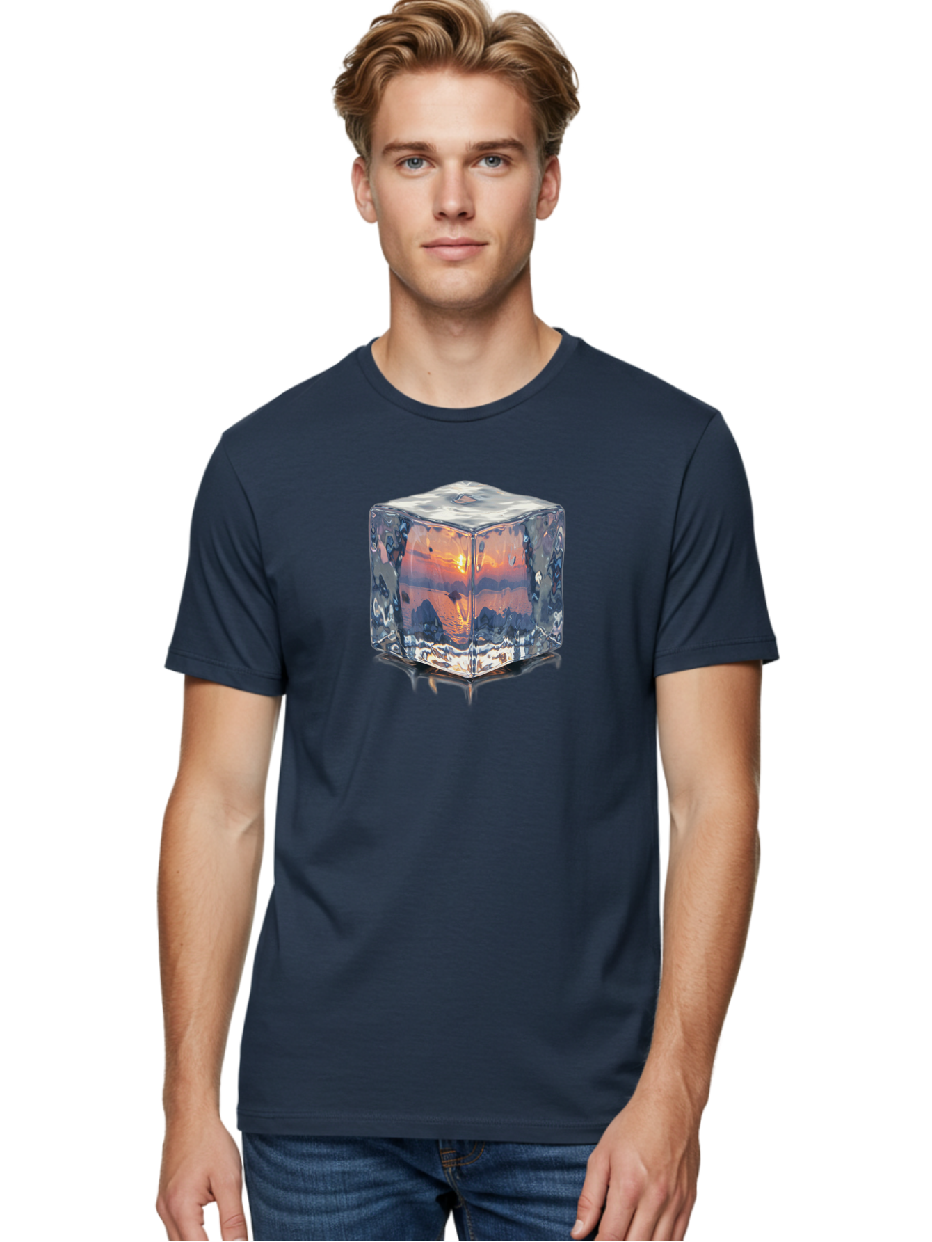 Ice-Cube-Sunset Men'S Graphic Tee, 100% Cotton, Comfortable Casual Summer Wear, Machine Washable, Ice Cube, Sunset Reflection, Ocean View, Rocky Landscape, Vibrant Orange, Cool Glass, Dramatic Scenery, Serene Atmosphere, Frozen Moment Bad207