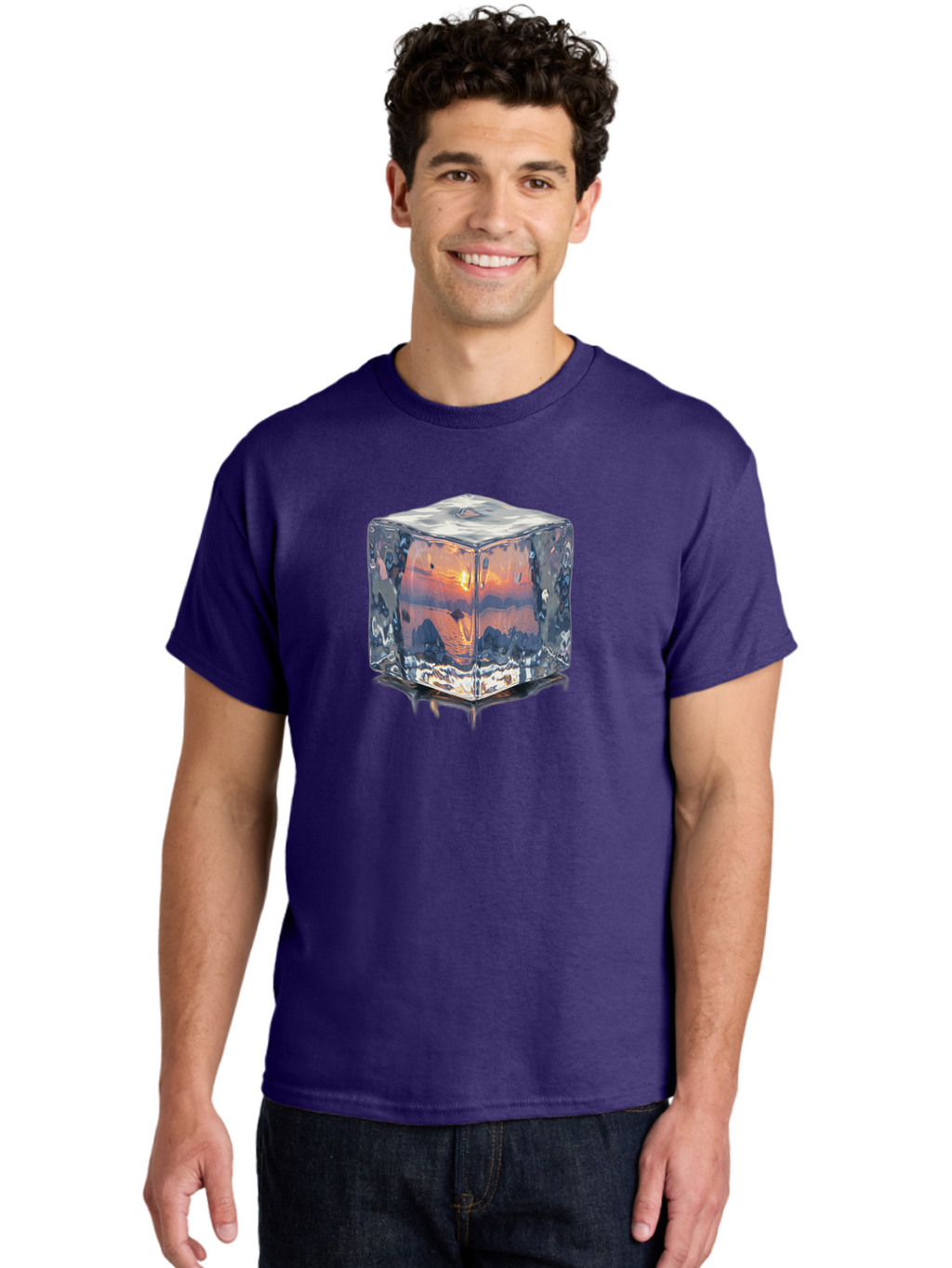 Ice-Cube-Sunset Men'S Graphic Tee, 100% Cotton, Comfortable Casual Summer Wear, Machine Washable, Ice Cube, Sunset Reflection, Ocean View, Rocky Landscape, Vibrant Orange, Cool Glass, Dramatic Scenery, Serene Atmosphere, Frozen Moment Bad207