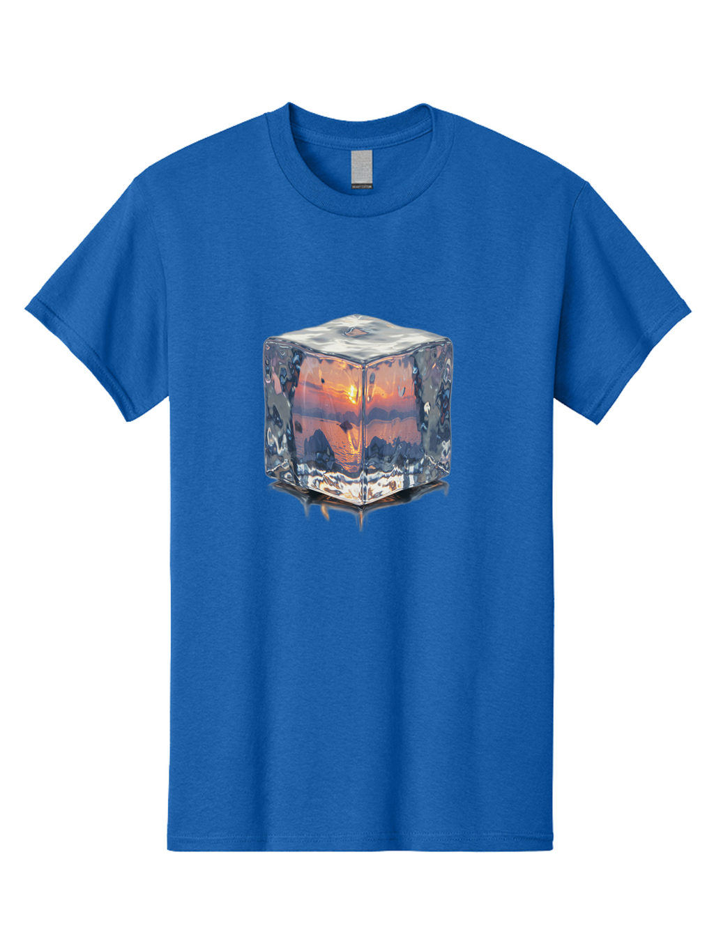 Ice-Cube-Sunset Men'S Graphic Tee, 100% Cotton, Comfortable Casual Summer Wear, Machine Washable, Ice Cube, Sunset Reflection, Ocean View, Rocky Landscape, Vibrant Orange, Cool Glass, Dramatic Scenery, Serene Atmosphere, Frozen Moment Bad207