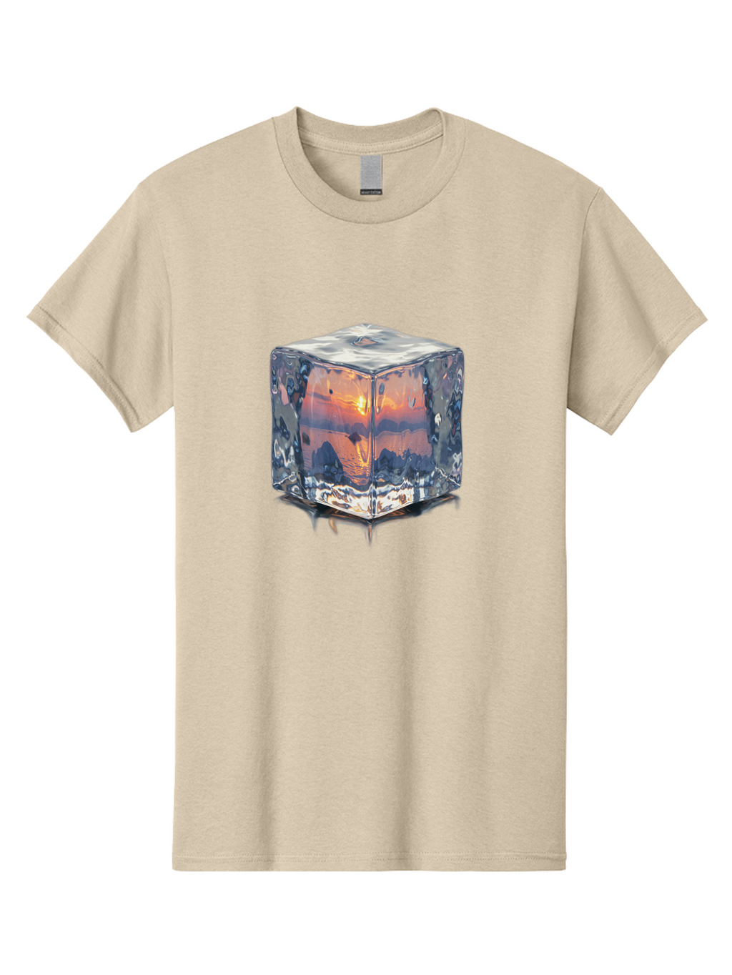 Ice-Cube-Sunset Men'S Graphic Tee, 100% Cotton, Comfortable Casual Summer Wear, Machine Washable, Ice Cube, Sunset Reflection, Ocean View, Rocky Landscape, Vibrant Orange, Cool Glass, Dramatic Scenery, Serene Atmosphere, Frozen Moment Bad207