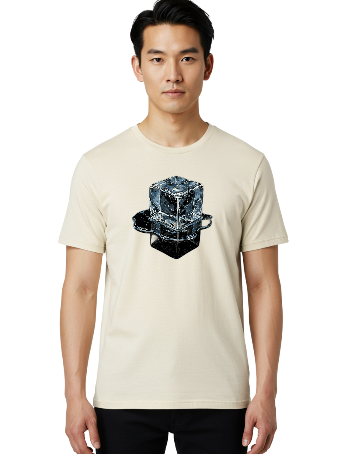 Ice-Cube Men'S Graphic Tee, 100% Cotton, Comfortable Casual Summer Wear, Machine Washable, Ice Cube, Transparent Ice, Water Droplets On Ice, Shiny Ice Cube, Reflective Surface, Cold Beverage, Modern Illustration, Ice On Black, Chilled Drink, Bad208