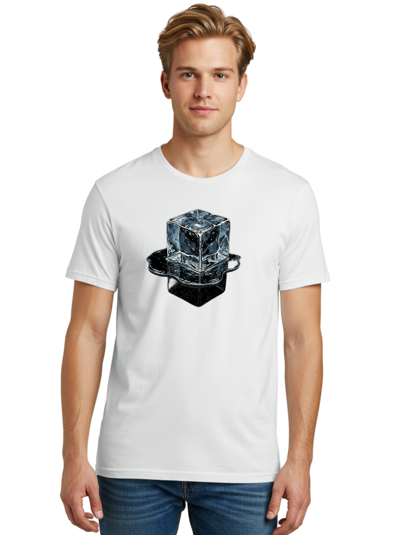 Ice-Cube Men'S Graphic Tee, 100% Cotton, Comfortable Casual Summer Wear, Machine Washable, Ice Cube, Transparent Ice, Water Droplets On Ice, Shiny Ice Cube, Reflective Surface, Cold Beverage, Modern Illustration, Ice On Black, Chilled Drink, Bad208
