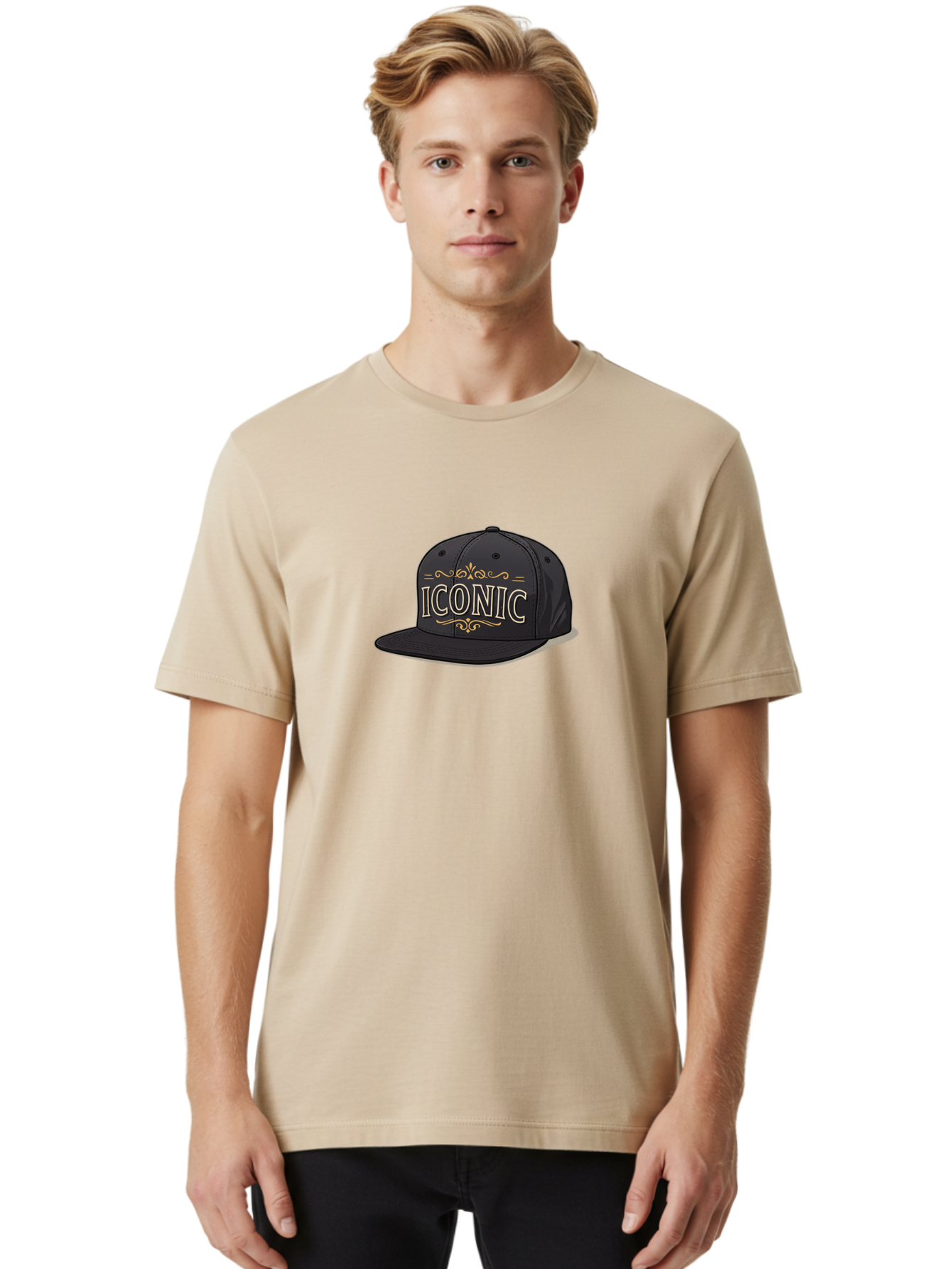 Iconic-Snapback-Hat Men'S Graphic Tee, 100% Cotton, Comfortable Casual Summer Wear, Machine Washable, Baseball Cap, Black Hat, Iconic Logo, Fashion Accessory, Trendy Headwear, Streetwear Style, Casual Wear, Hat Design, Gold Accents, Bad211