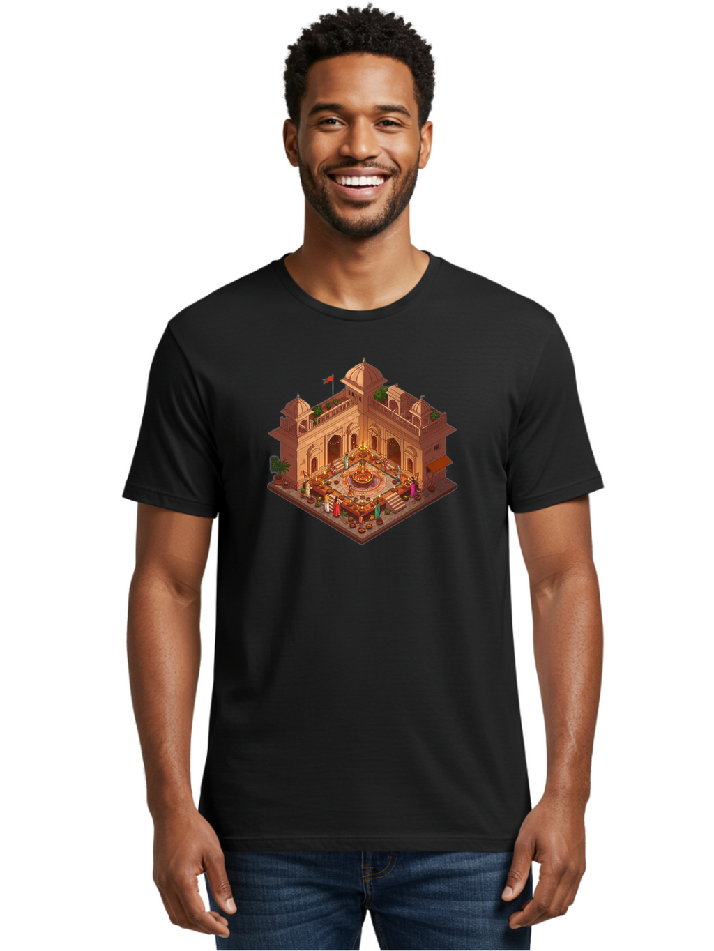Indian-Palace Men'S Graphic Tee, 100% Cotton, Comfortable Casual Summer Wear, Machine Washable, Indian Palace, Isometric View, Hindu Temple, Cultural Gathering, Traditional Architecture, Vibrant Colors, Cultural Heritage, Ornate Details, Bad213