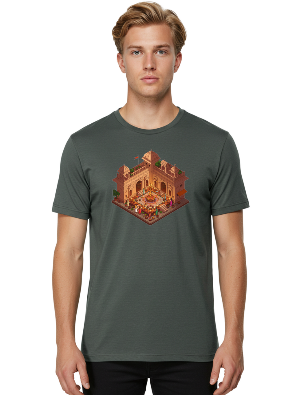 Indian-Palace Men'S Graphic Tee, 100% Cotton, Comfortable Casual Summer Wear, Machine Washable, Indian Palace, Isometric View, Hindu Temple, Cultural Gathering, Traditional Architecture, Vibrant Colors, Cultural Heritage, Ornate Details, Bad213