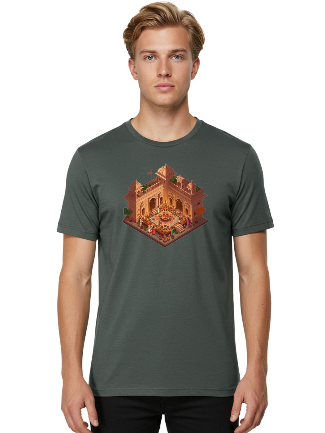 Indian-Palace Men'S Graphic Tee, 100% Cotton, Comfortable Casual Summer Wear, Machine Washable, Indian Palace, Isometric View, Hindu Temple, Cultural Gathering, Traditional Architecture, Vibrant Colors, Cultural Heritage, Ornate Details, Bad213