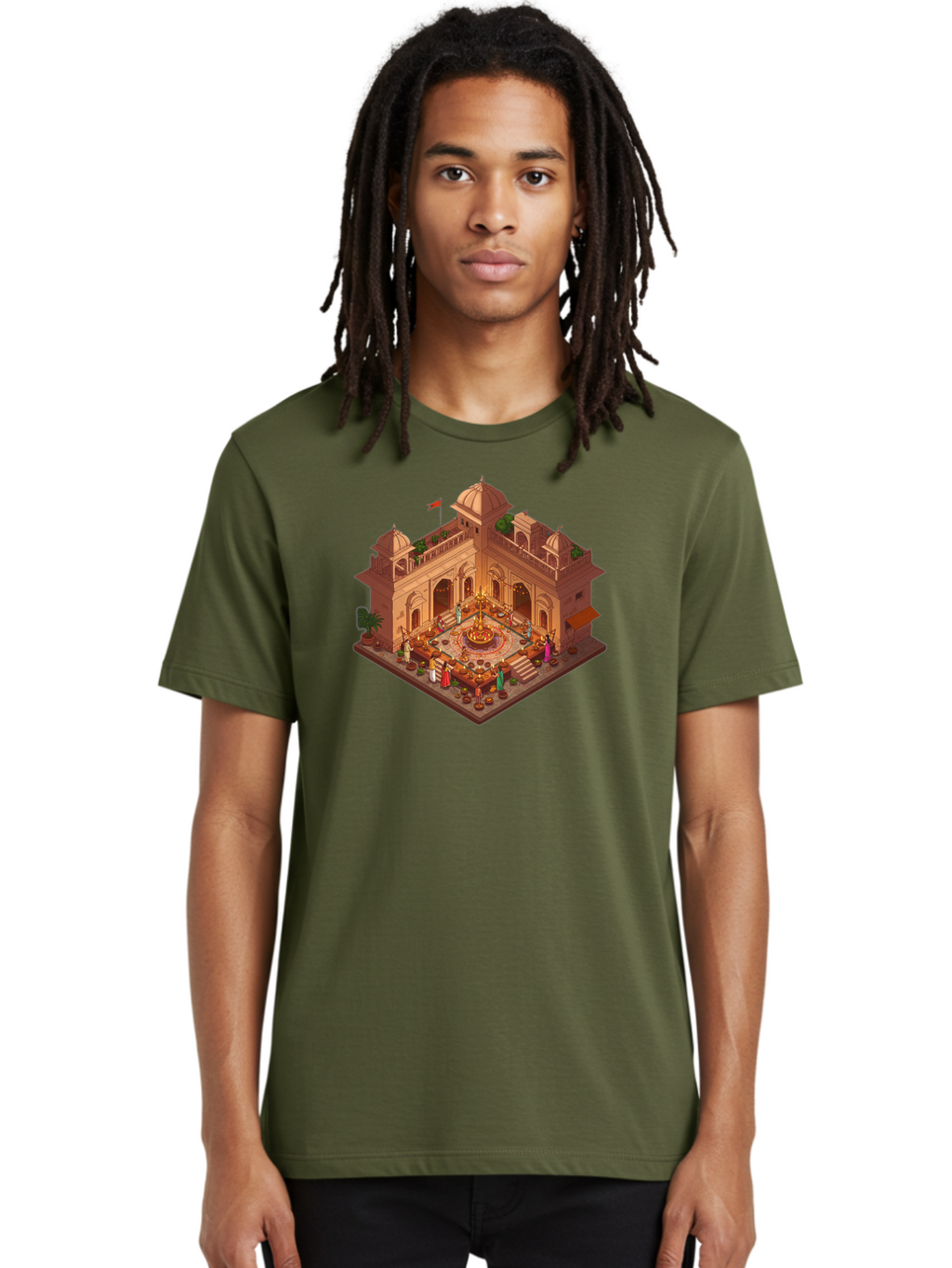 Indian-Palace Men'S Graphic Tee, 100% Cotton, Comfortable Casual Summer Wear, Machine Washable, Indian Palace, Isometric View, Hindu Temple, Cultural Gathering, Traditional Architecture, Vibrant Colors, Cultural Heritage, Ornate Details, Bad213