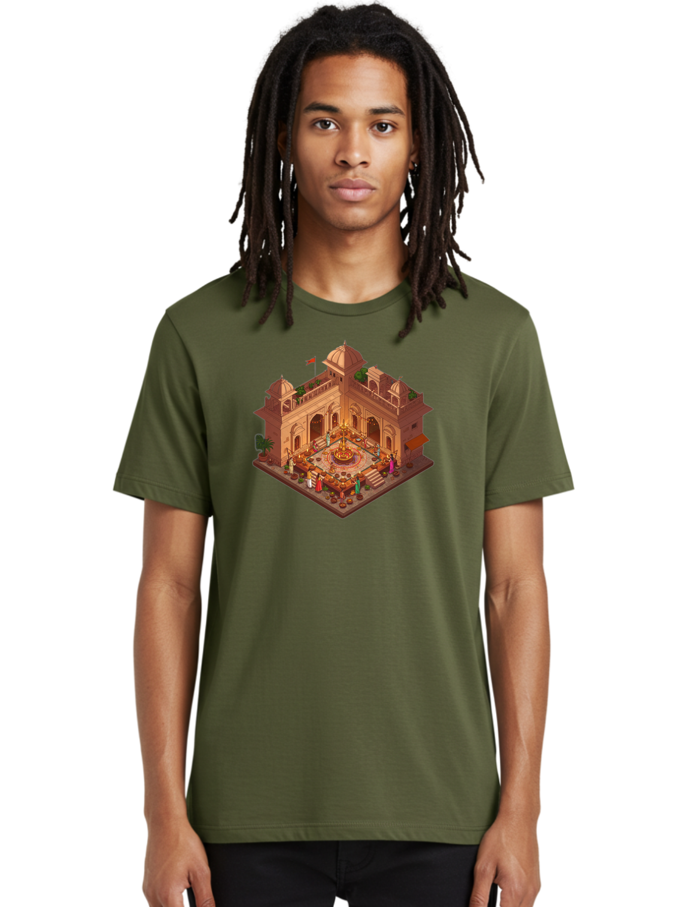 Indian-Palace Men'S Graphic Tee, 100% Cotton, Comfortable Casual Summer Wear, Machine Washable, Indian Palace, Isometric View, Hindu Temple, Cultural Gathering, Traditional Architecture, Vibrant Colors, Cultural Heritage, Ornate Details, Bad213
