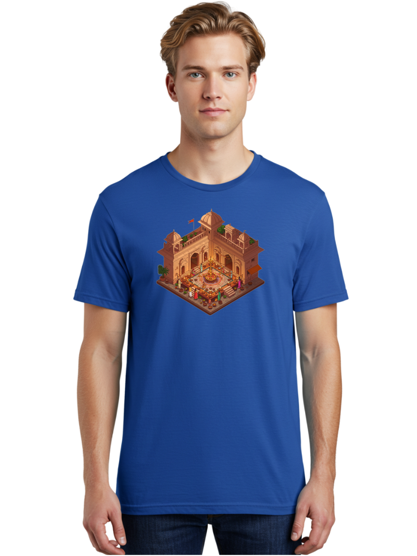 Indian-Palace Men'S Graphic Tee, 100% Cotton, Comfortable Casual Summer Wear, Machine Washable, Indian Palace, Isometric View, Hindu Temple, Cultural Gathering, Traditional Architecture, Vibrant Colors, Cultural Heritage, Ornate Details, Bad213