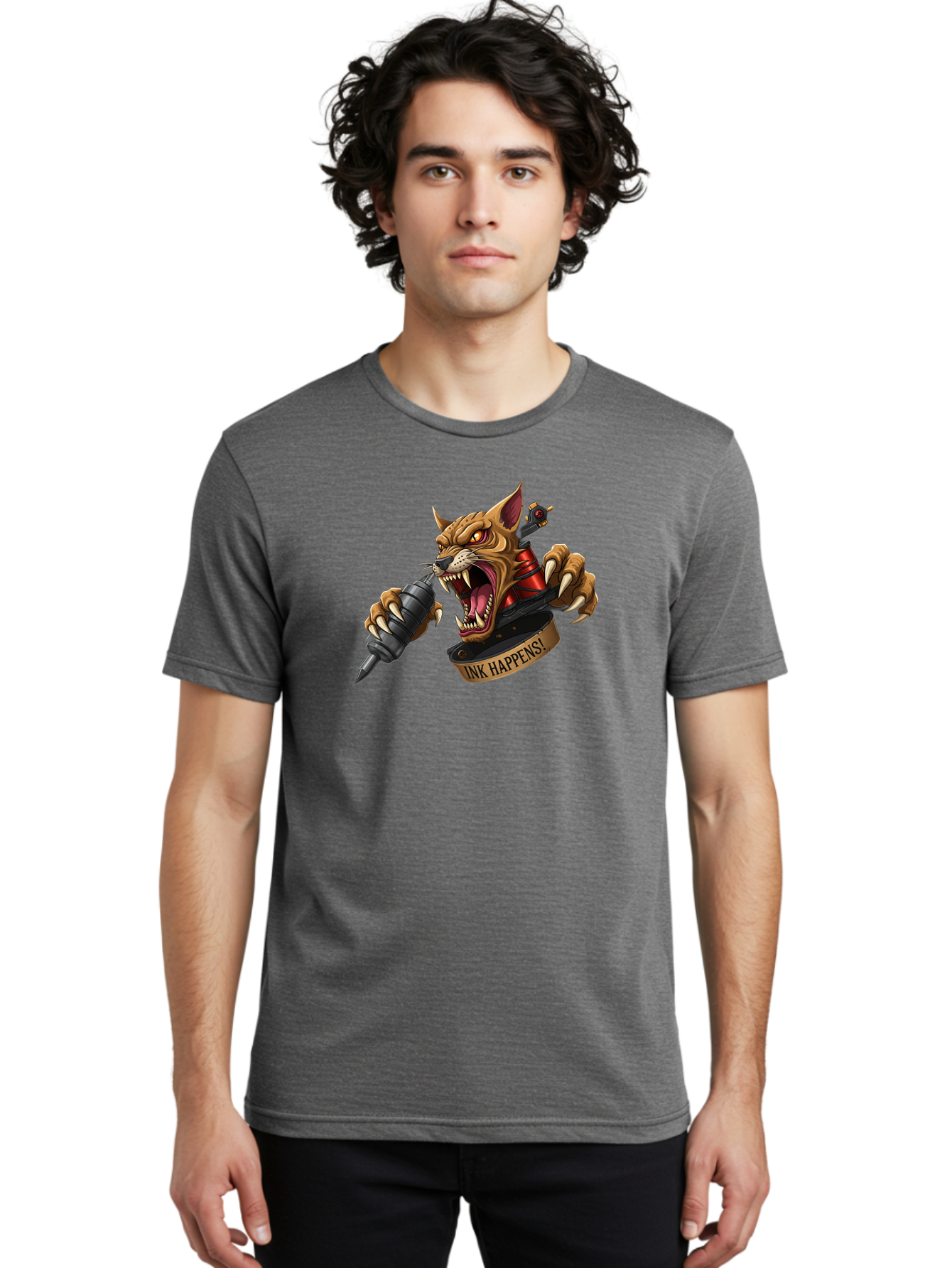 Ink-Happens-1 Men'S Graphic Tee, 100% Cotton, Comfortable Casual Summer Wear, Machine Washable, Tattoo Machine, Snarling Cat, Aggressive Animal, Ink Art, Tattoo Culture, Body Art, Tattoo Design, Cat Tattoo, Ink Happens! Bad215