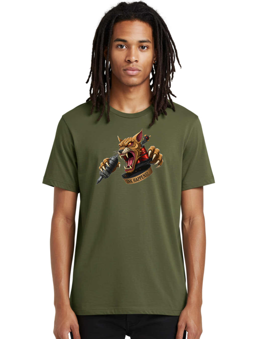 Ink-Happens-1 Men'S Graphic Tee, 100% Cotton, Comfortable Casual Summer Wear, Machine Washable, Tattoo Machine, Snarling Cat, Aggressive Animal, Ink Art, Tattoo Culture, Body Art, Tattoo Design, Cat Tattoo, Ink Happens! Bad215