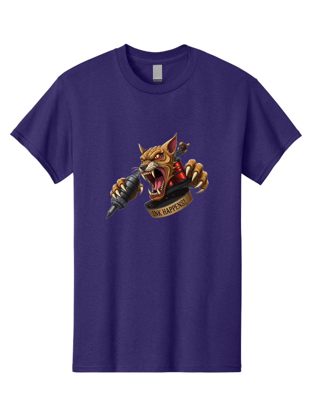 Ink-Happens-1 Men'S Graphic Tee, 100% Cotton, Comfortable Casual Summer Wear, Machine Washable, Tattoo Machine, Snarling Cat, Aggressive Animal, Ink Art, Tattoo Culture, Body Art, Tattoo Design, Cat Tattoo, Ink Happens! Bad215