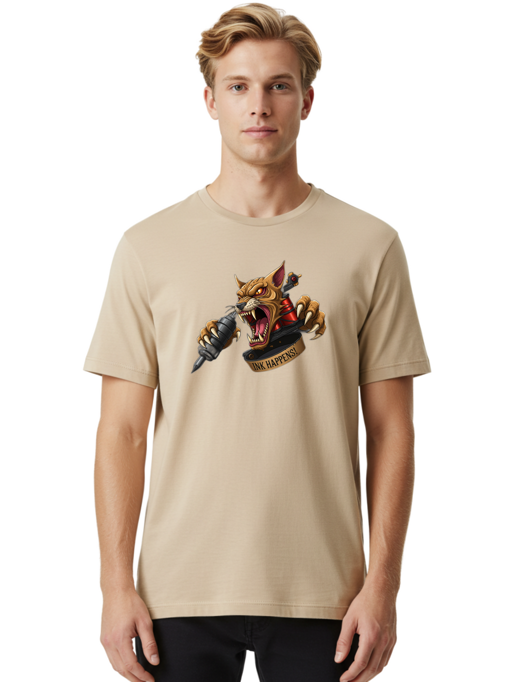 Ink-Happens-1 Men'S Graphic Tee, 100% Cotton, Comfortable Casual Summer Wear, Machine Washable, Tattoo Machine, Snarling Cat, Aggressive Animal, Ink Art, Tattoo Culture, Body Art, Tattoo Design, Cat Tattoo, Ink Happens! Bad215