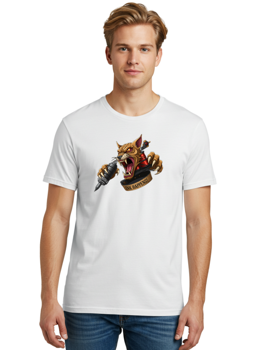 Ink-Happens-1 Men'S Graphic Tee, 100% Cotton, Comfortable Casual Summer Wear, Machine Washable, Tattoo Machine, Snarling Cat, Aggressive Animal, Ink Art, Tattoo Culture, Body Art, Tattoo Design, Cat Tattoo, Ink Happens! Bad215