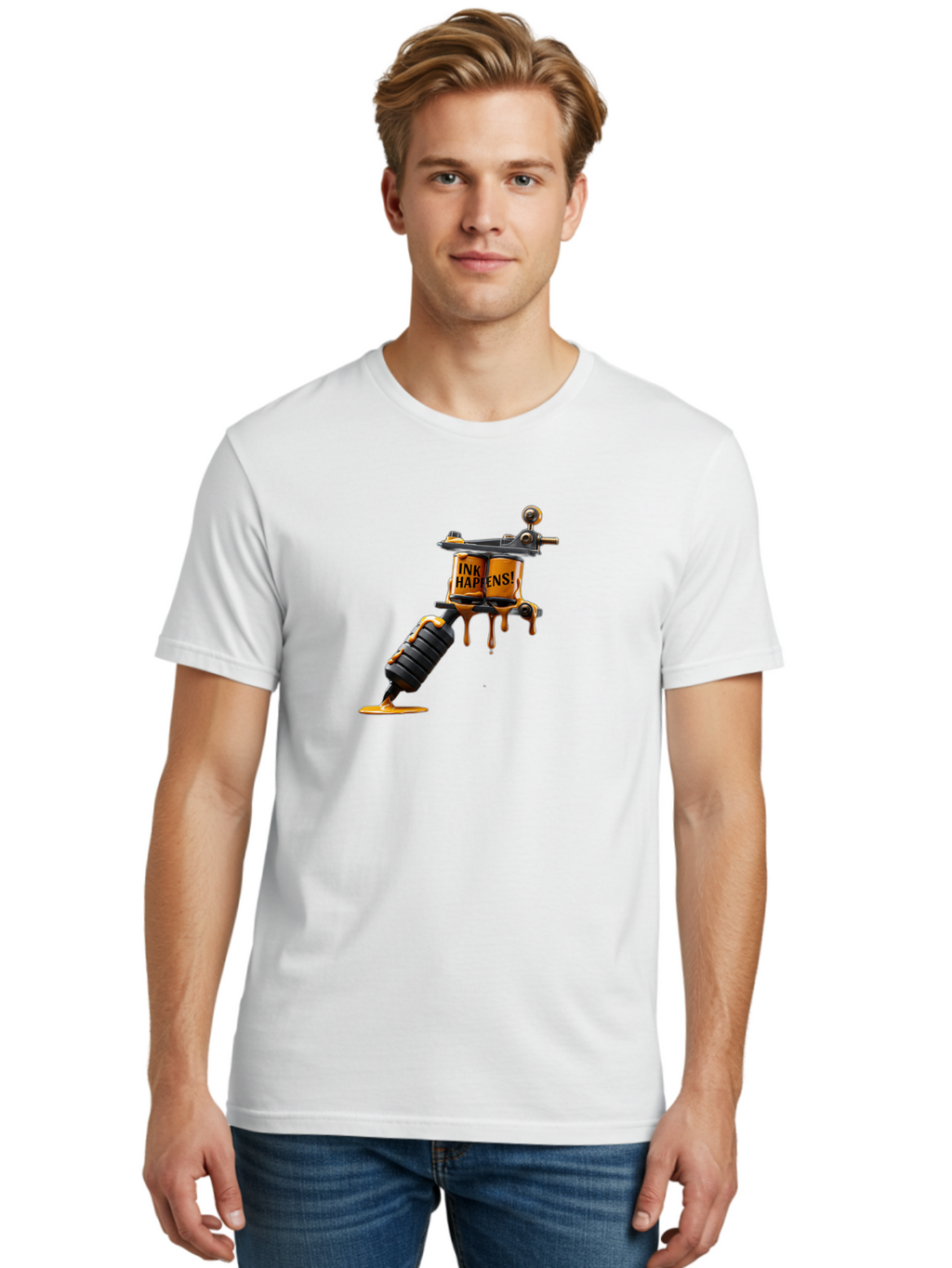 Ink-Happens-2 Men'S Graphic Tee, 100% Cotton, Comfortable Casual Summer Wear, Machine Washable, Tattoo Machine, Ink Dripping, Body Art, Creative Expression, Tattoo Culture, Artistic Design, Ink Happens Bad216