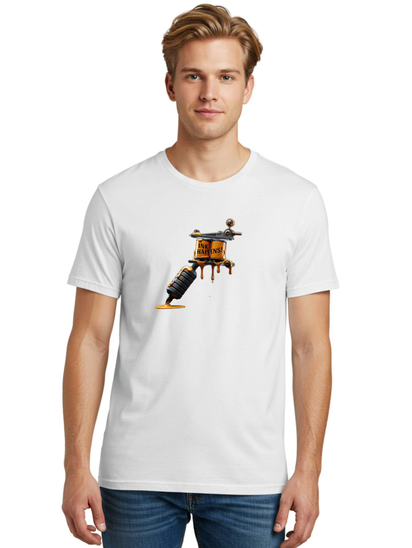 Ink-Happens-2 Men'S Graphic Tee, 100% Cotton, Comfortable Casual Summer Wear, Machine Washable, Tattoo Machine, Ink Dripping, Body Art, Creative Expression, Tattoo Culture, Artistic Design, Ink Happens Bad216