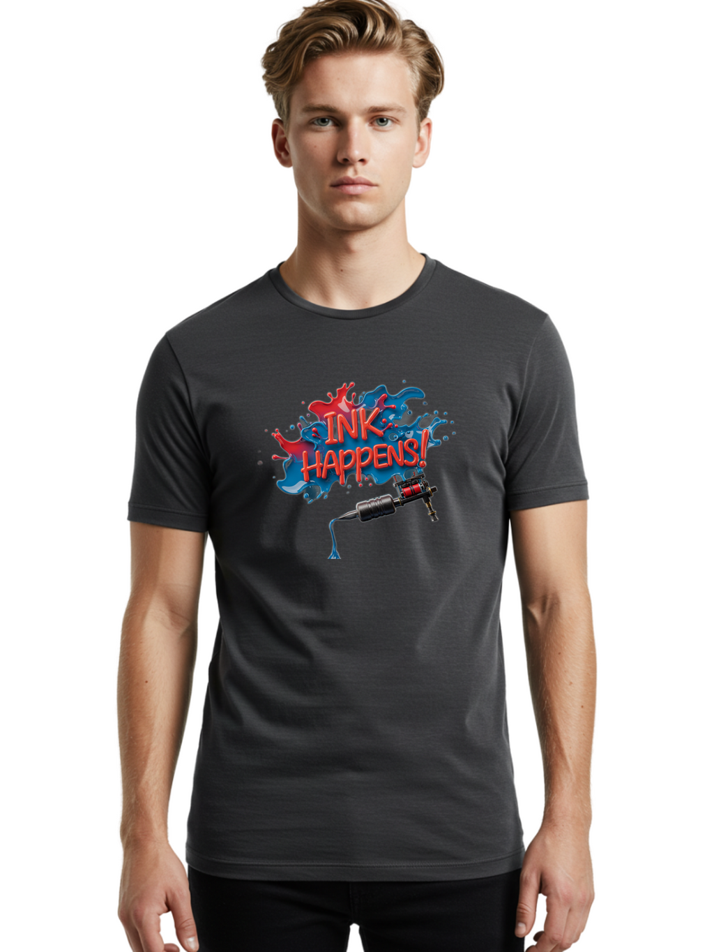 Ink-Happens Men'S Graphic Tee, 100% Cotton, Comfortable Casual Summer Wear, Machine Washable, Tattoo Machine, Ink Splatter, Vibrant Colors, Bold Typography, Tattoo Art, Body Art, Creative Expression, Ink Happens! Bad217