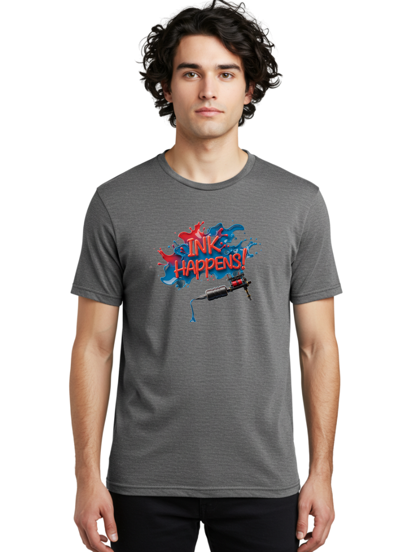 Ink-Happens Men'S Graphic Tee, 100% Cotton, Comfortable Casual Summer Wear, Machine Washable, Tattoo Machine, Ink Splatter, Vibrant Colors, Bold Typography, Tattoo Art, Body Art, Creative Expression, Ink Happens! Bad217