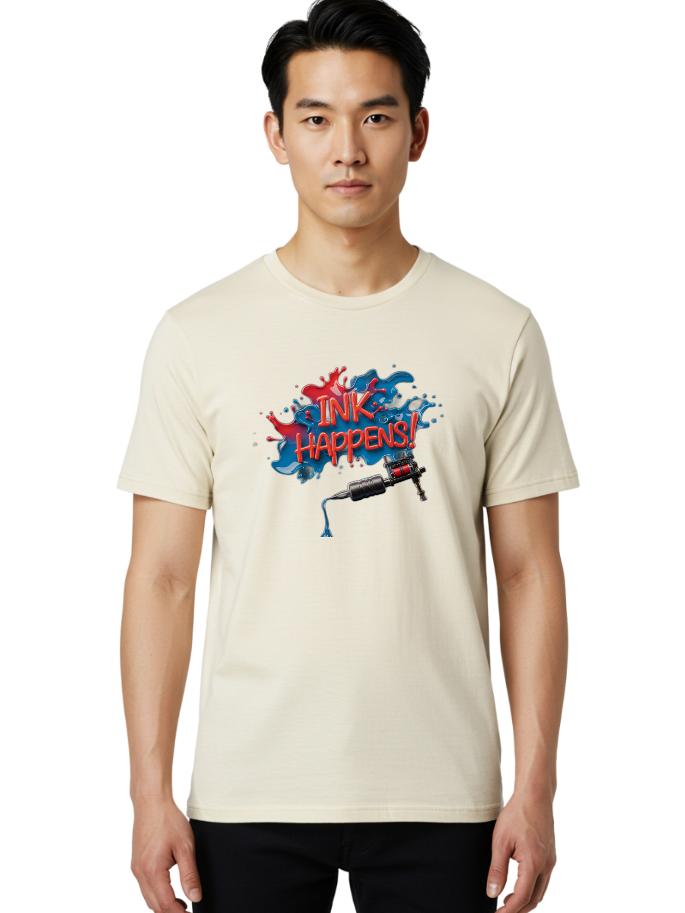 Ink-Happens Men'S Graphic Tee, 100% Cotton, Comfortable Casual Summer Wear, Machine Washable, Tattoo Machine, Ink Splatter, Vibrant Colors, Bold Typography, Tattoo Art, Body Art, Creative Expression, Ink Happens! Bad217