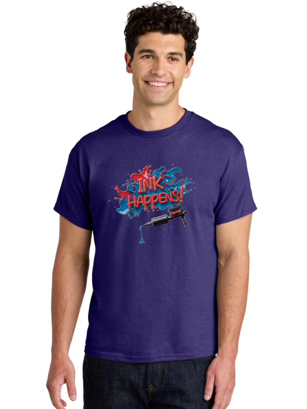 Ink-Happens Men'S Graphic Tee, 100% Cotton, Comfortable Casual Summer Wear, Machine Washable, Tattoo Machine, Ink Splatter, Vibrant Colors, Bold Typography, Tattoo Art, Body Art, Creative Expression, Ink Happens! Bad217
