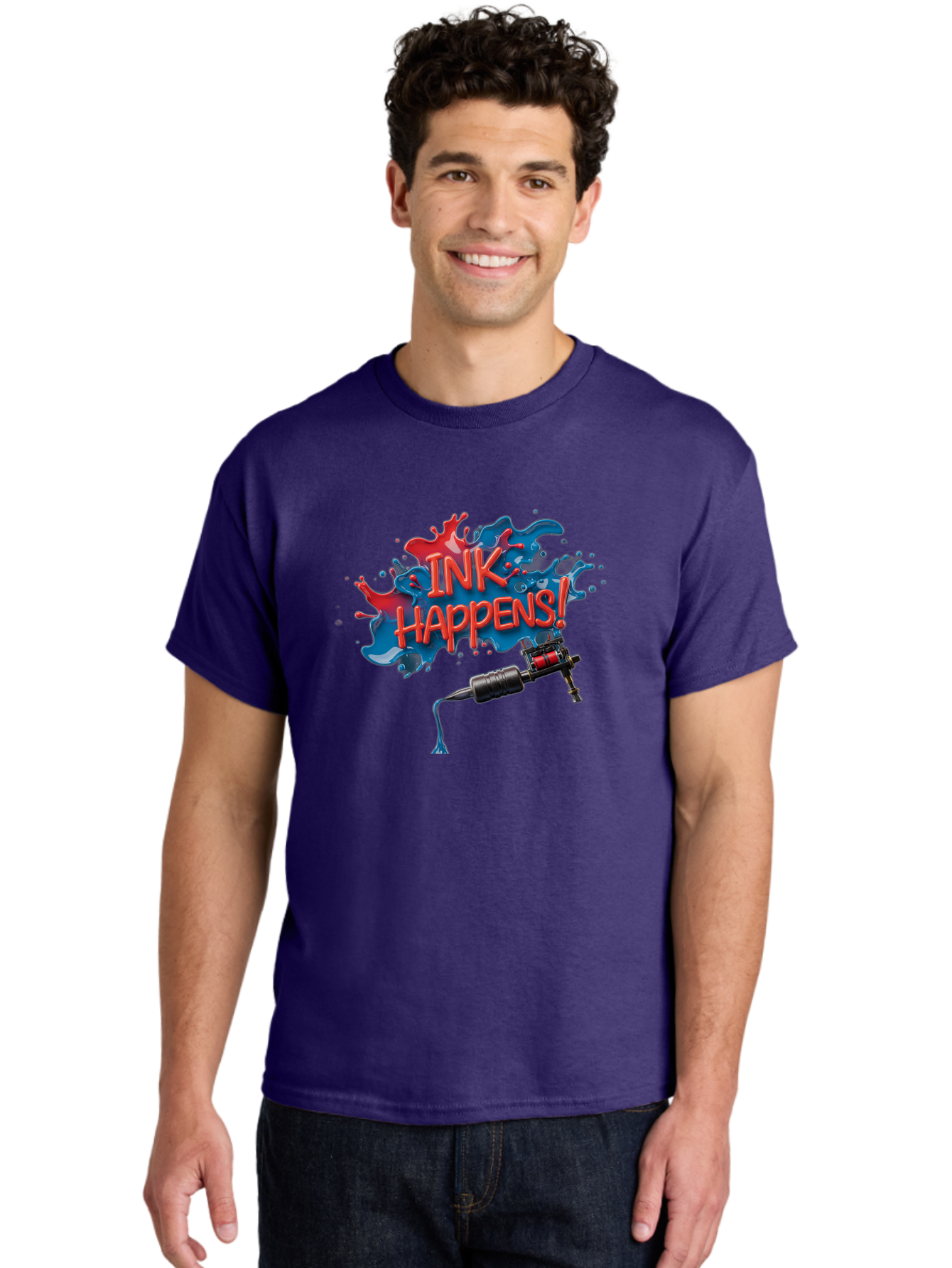 Ink-Happens Men'S Graphic Tee, 100% Cotton, Comfortable Casual Summer Wear, Machine Washable, Tattoo Machine, Ink Splatter, Vibrant Colors, Bold Typography, Tattoo Art, Body Art, Creative Expression, Ink Happens! Bad217