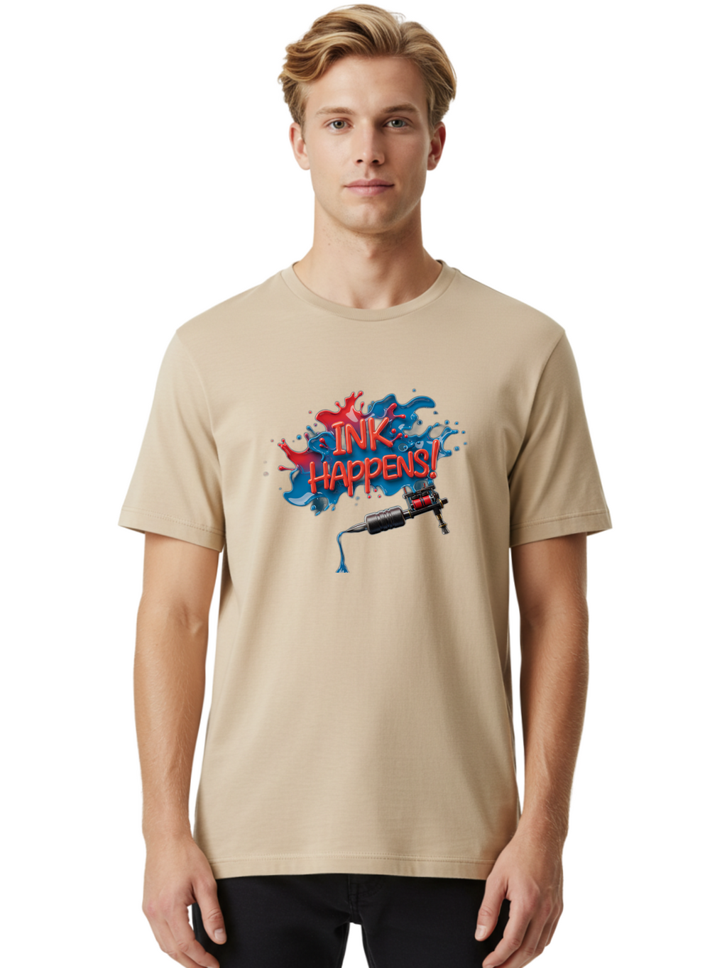 Ink-Happens Men'S Graphic Tee, 100% Cotton, Comfortable Casual Summer Wear, Machine Washable, Tattoo Machine, Ink Splatter, Vibrant Colors, Bold Typography, Tattoo Art, Body Art, Creative Expression, Ink Happens! Bad217