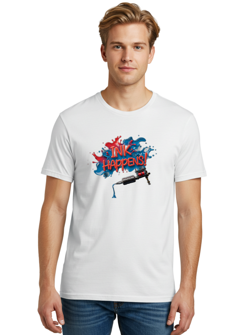 Ink-Happens Men'S Graphic Tee, 100% Cotton, Comfortable Casual Summer Wear, Machine Washable, Tattoo Machine, Ink Splatter, Vibrant Colors, Bold Typography, Tattoo Art, Body Art, Creative Expression, Ink Happens! Bad217