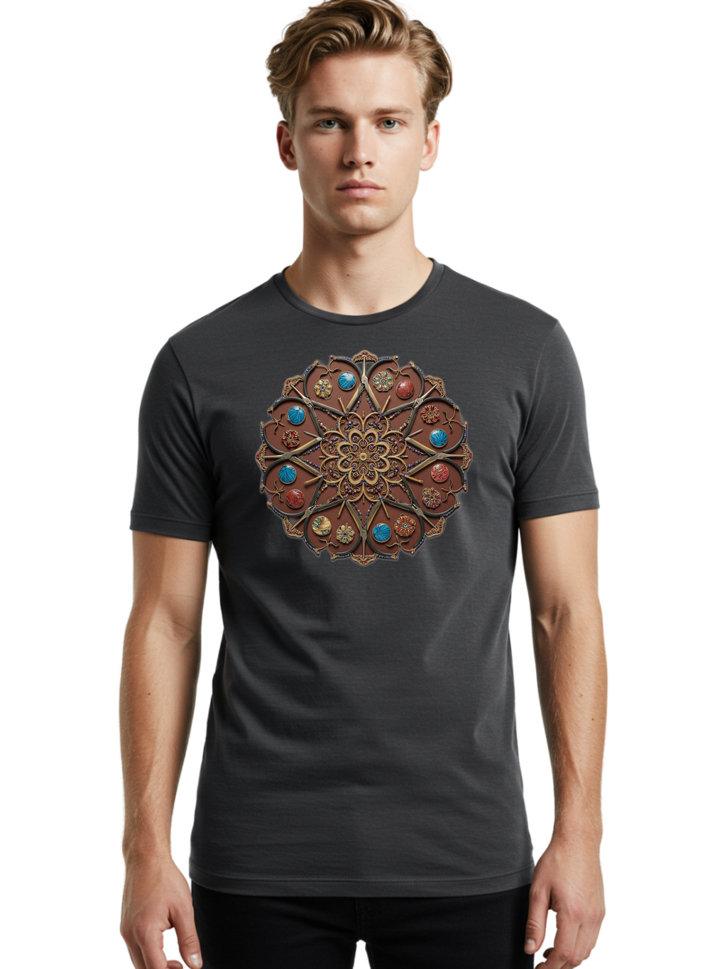Intricate-Design Men'S Graphic Tee, 100% Cotton, Comfortable Casual Summer Wear, Machine Washable, Mandala Artwork, Intricate Patterns, Ornate Details, Floral Motifs, Symmetry, Decorative Art, Cultural Heritage, Colorful Design, Detailed Work, Bad218