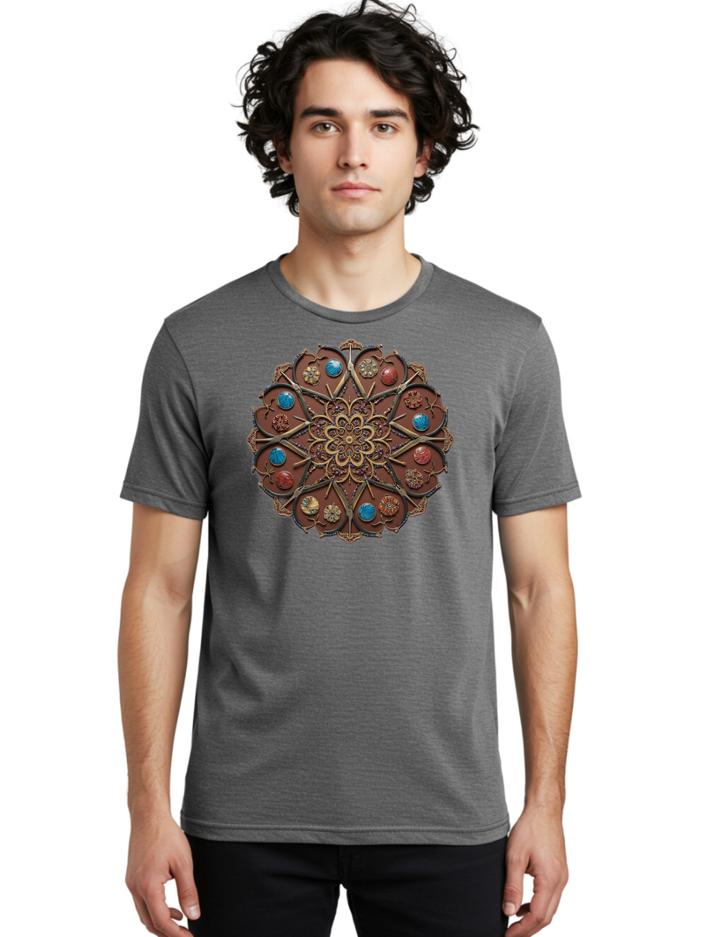 Intricate-Design Men'S Graphic Tee, 100% Cotton, Comfortable Casual Summer Wear, Machine Washable, Mandala Artwork, Intricate Patterns, Ornate Details, Floral Motifs, Symmetry, Decorative Art, Cultural Heritage, Colorful Design, Detailed Work, Bad218