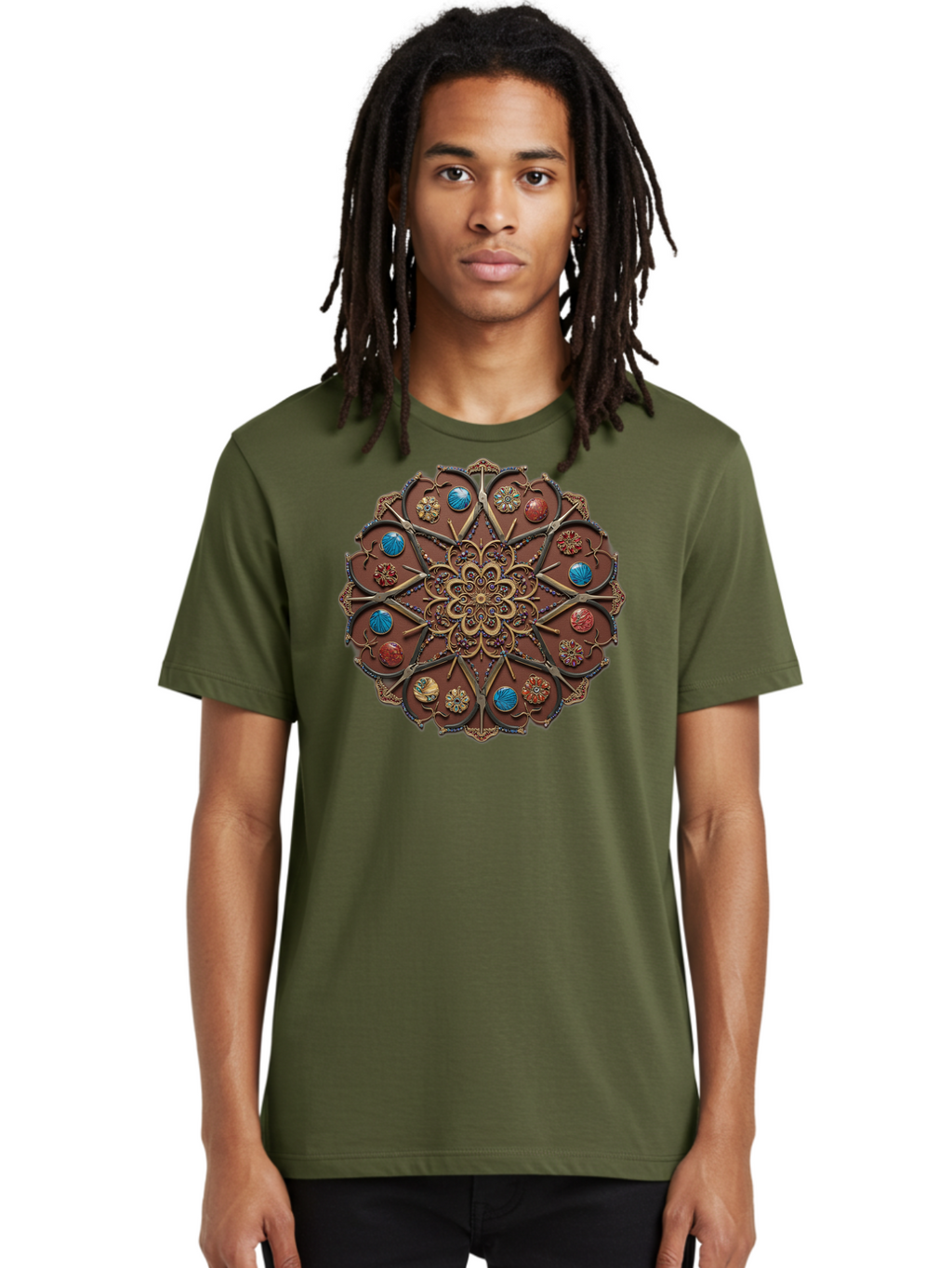 Intricate-Design Men'S Graphic Tee, 100% Cotton, Comfortable Casual Summer Wear, Machine Washable, Mandala Artwork, Intricate Patterns, Ornate Details, Floral Motifs, Symmetry, Decorative Art, Cultural Heritage, Colorful Design, Detailed Work, Bad218