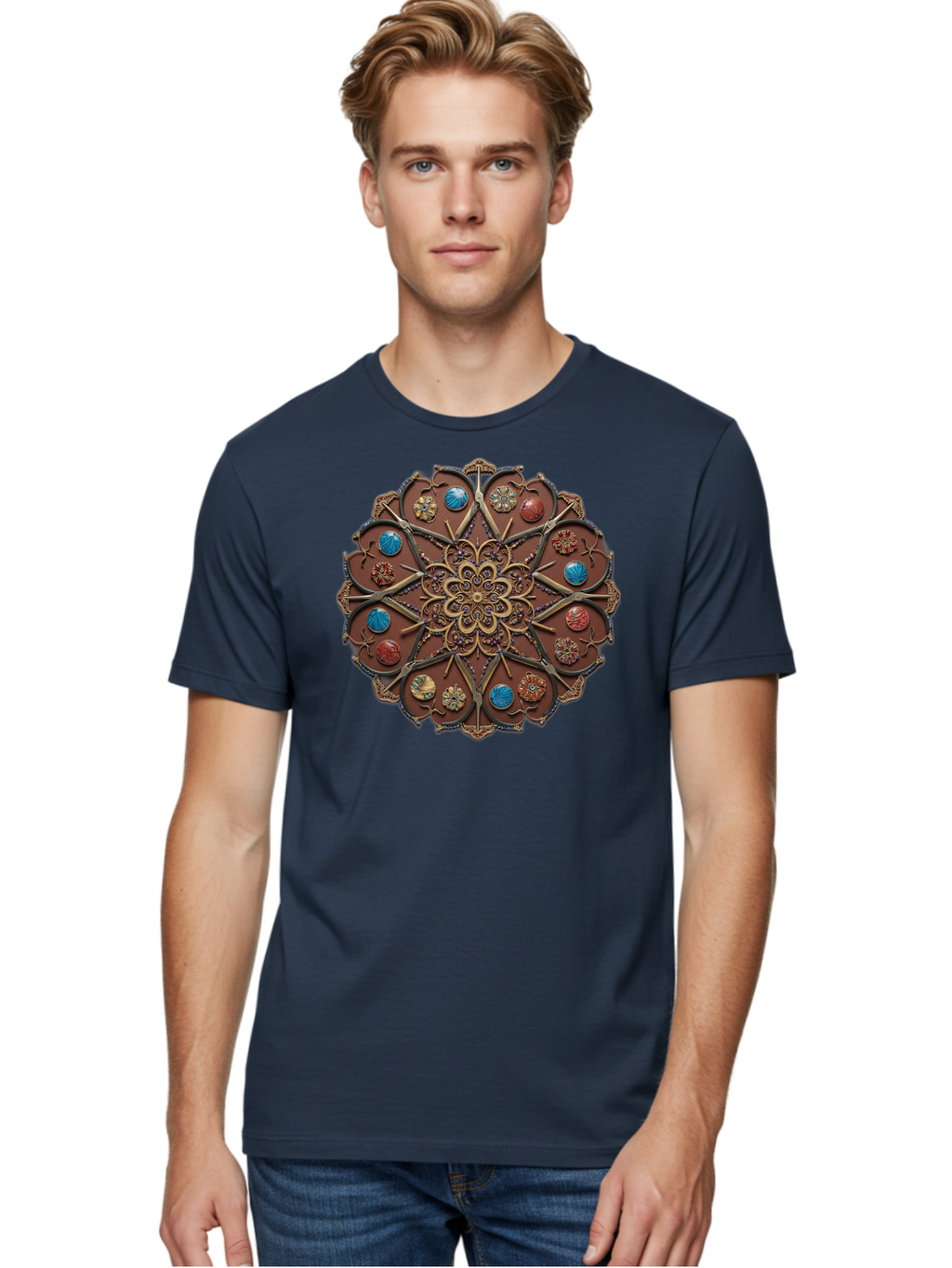 Intricate-Design Men'S Graphic Tee, 100% Cotton, Comfortable Casual Summer Wear, Machine Washable, Mandala Artwork, Intricate Patterns, Ornate Details, Floral Motifs, Symmetry, Decorative Art, Cultural Heritage, Colorful Design, Detailed Work, Bad218