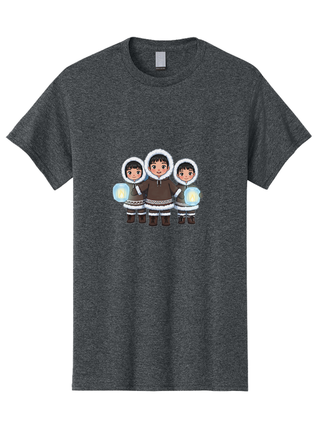 Inuit-Children-With-Lanterns Men'S Graphic Tee, 100% Cotton, Comfortable Casual Summer Wear, Machine Washable, Inuit Children, Traditional Clothing, Fur-Lined Hoods, Lanterns In Hands, Winter Attire, Arctic Culture, Indigenous People, Bad219