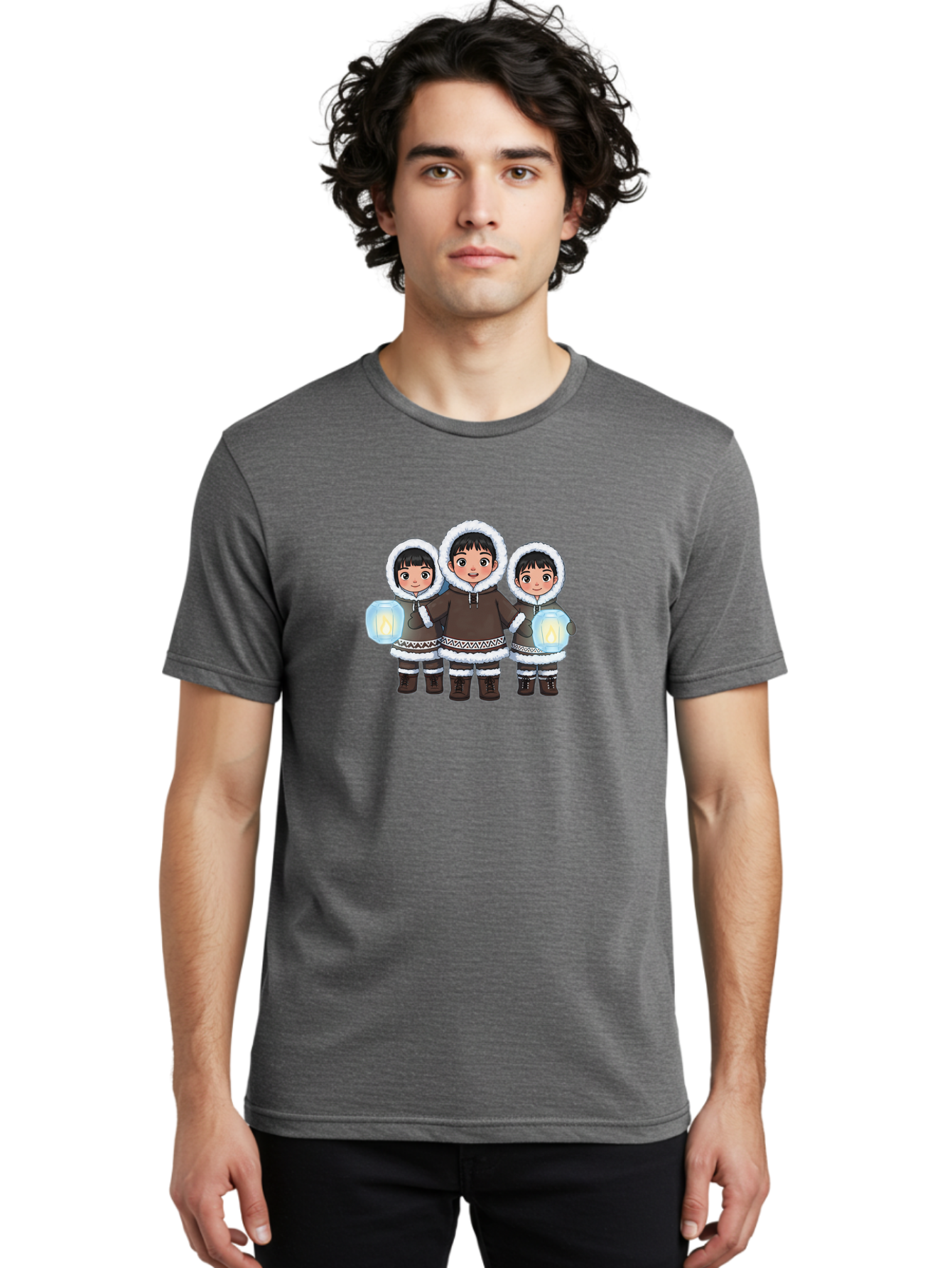 Inuit-Children-With-Lanterns Men'S Graphic Tee, 100% Cotton, Comfortable Casual Summer Wear, Machine Washable, Inuit Children, Traditional Clothing, Fur-Lined Hoods, Lanterns In Hands, Winter Attire, Arctic Culture, Indigenous People, Bad219