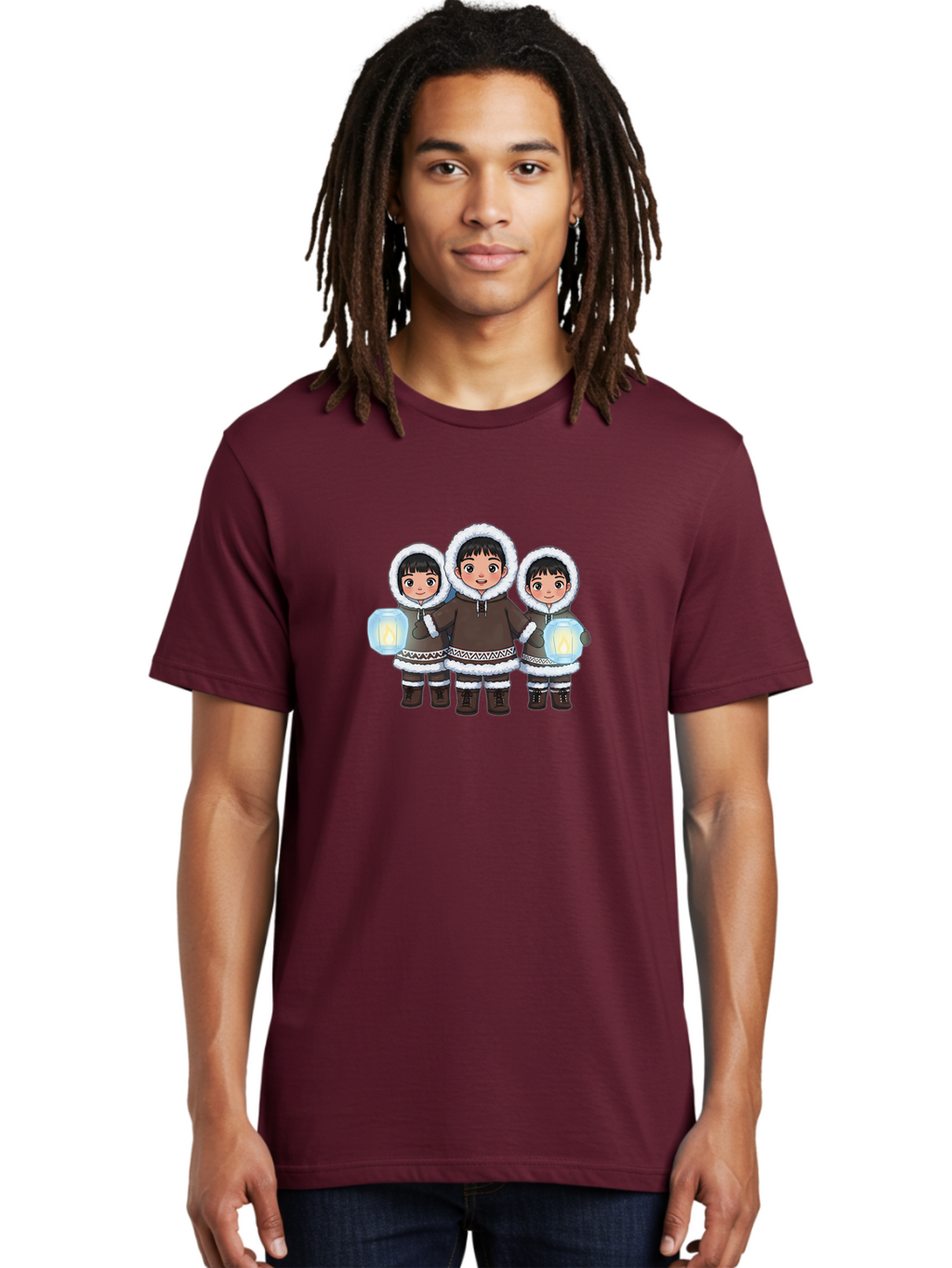 Inuit-Children-With-Lanterns Men'S Graphic Tee, 100% Cotton, Comfortable Casual Summer Wear, Machine Washable, Inuit Children, Traditional Clothing, Fur-Lined Hoods, Lanterns In Hands, Winter Attire, Arctic Culture, Indigenous People, Bad219