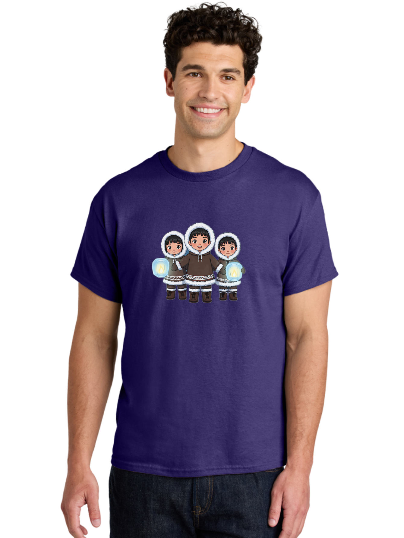 Inuit-Children-With-Lanterns Men'S Graphic Tee, 100% Cotton, Comfortable Casual Summer Wear, Machine Washable, Inuit Children, Traditional Clothing, Fur-Lined Hoods, Lanterns In Hands, Winter Attire, Arctic Culture, Indigenous People, Bad219