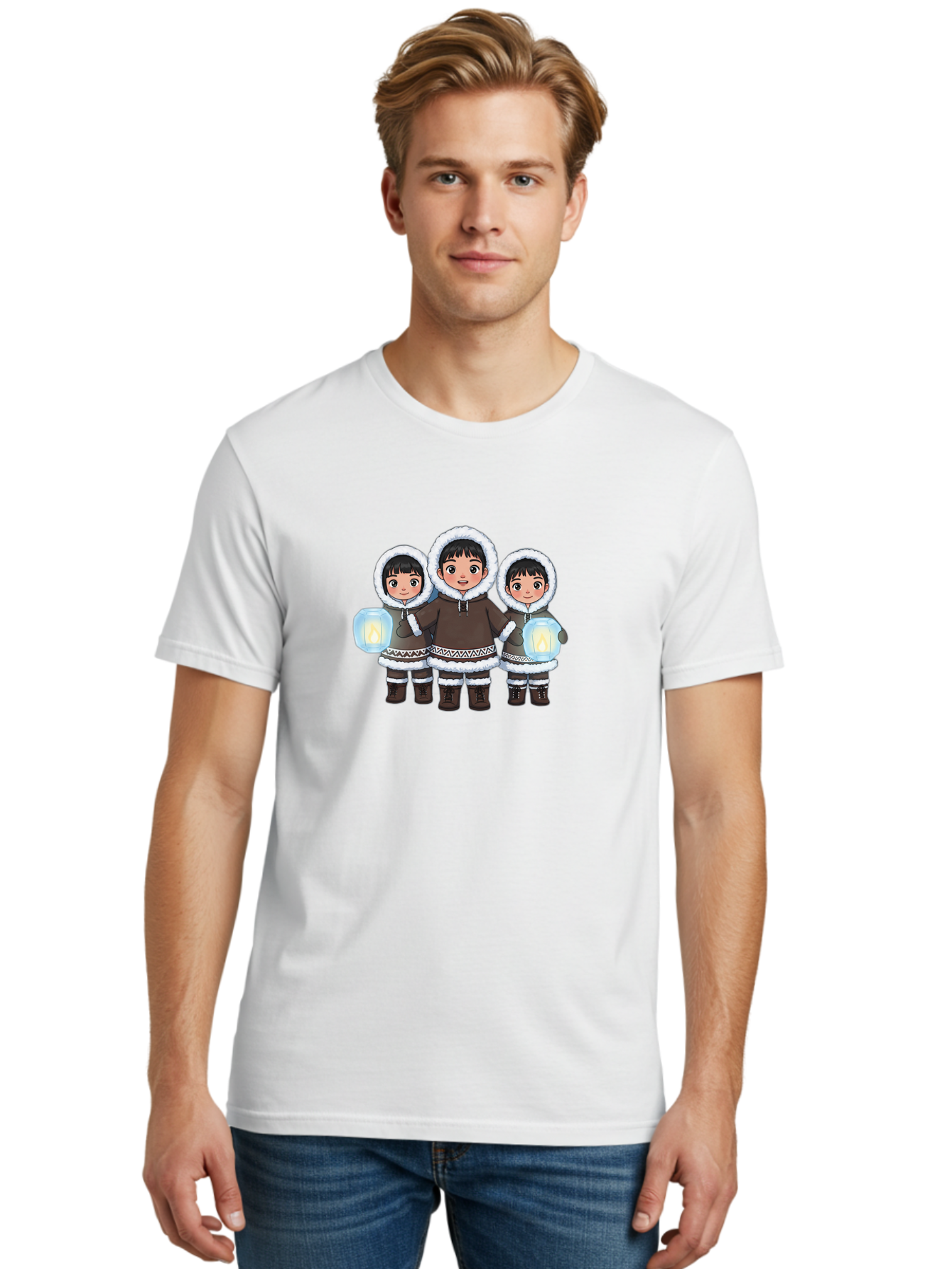 Inuit-Children-With-Lanterns Men'S Graphic Tee, 100% Cotton, Comfortable Casual Summer Wear, Machine Washable, Inuit Children, Traditional Clothing, Fur-Lined Hoods, Lanterns In Hands, Winter Attire, Arctic Culture, Indigenous People, Bad219