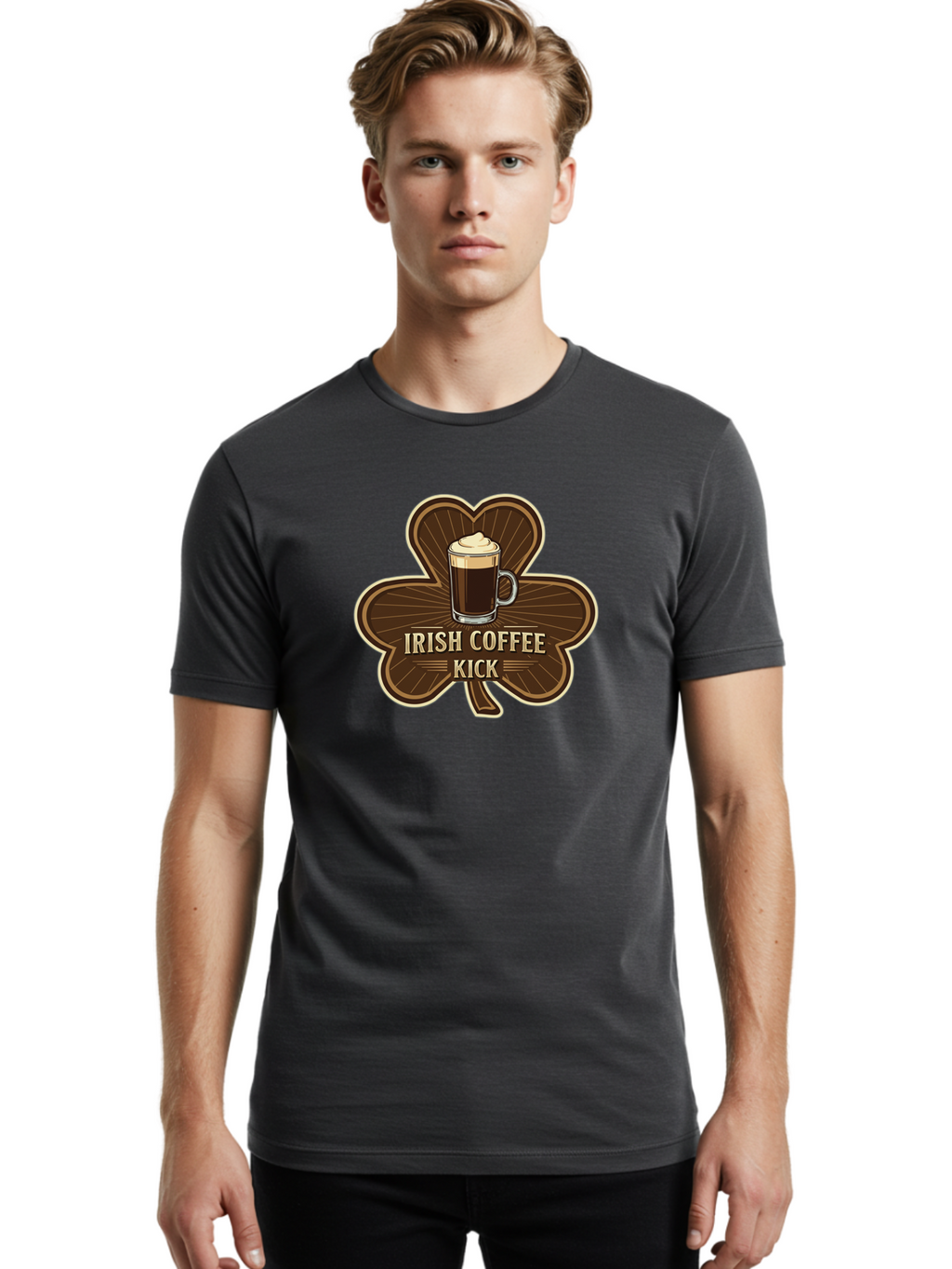 Irish-Coffee-Kick Men'S Graphic Tee, 100% Cotton, Comfortable Casual Summer Wear, Machine Washable, Irish Coffee, Coffee Kick, Coffee With Whipped Cream, Brown Cloverleaf, Energizing Beverage, Irish Heritage, Coffee Culture, Warm Drink, Bad220