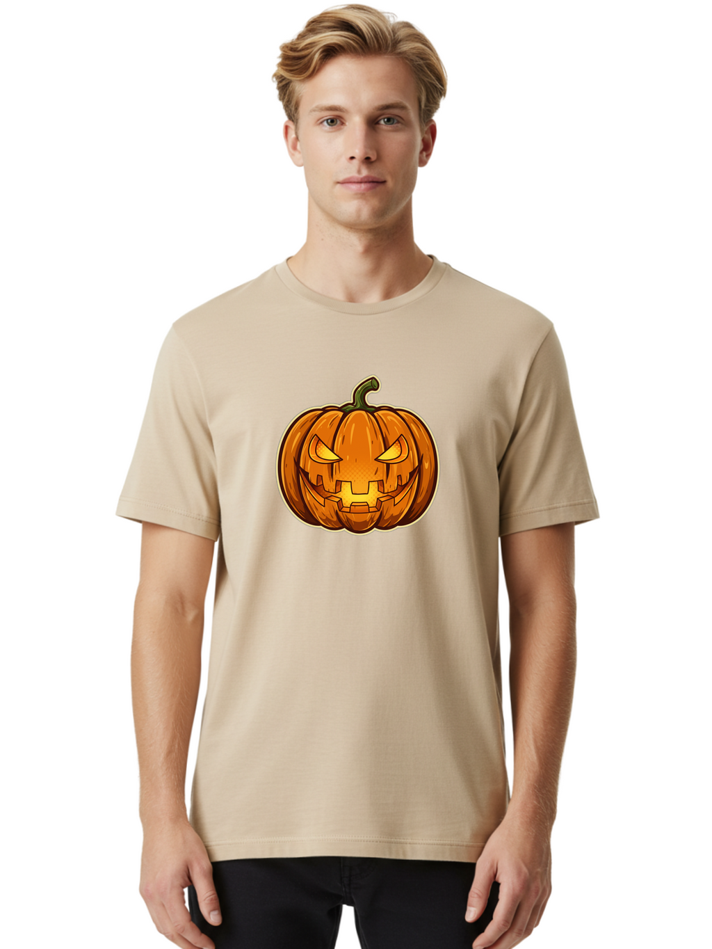 Jack-O-Lantern-4 Men'S Graphic Tee, 100% Cotton, Comfortable Casual Summer Wear, Machine Washable, Halloween Pumpkin, Jack O Lantern, Spooky Face, Orange Pumpkin, Cartoon Style, Autumn Decoration, Halloween Symbol, Seasonal Decor Bad224